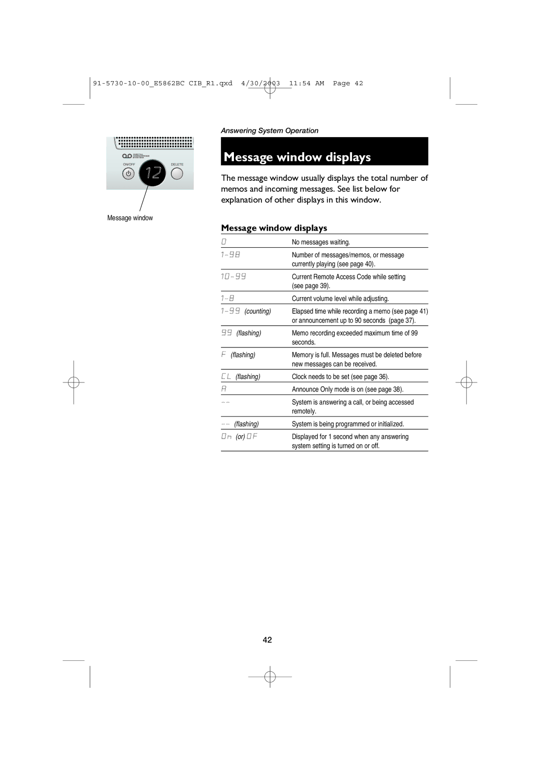 AT&T E5862BC user manual Message window displays 