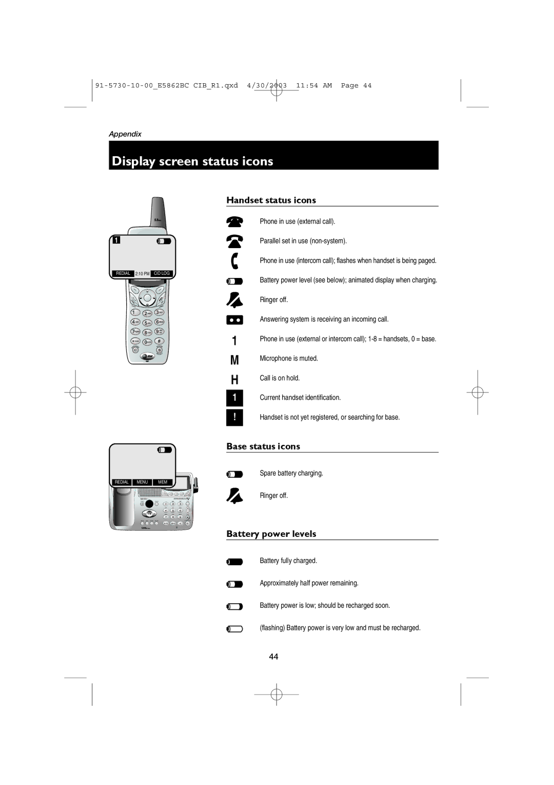 AT&T E5862BC user manual Display screen status icons, Handset status icons, Base status icons, Battery power levels 