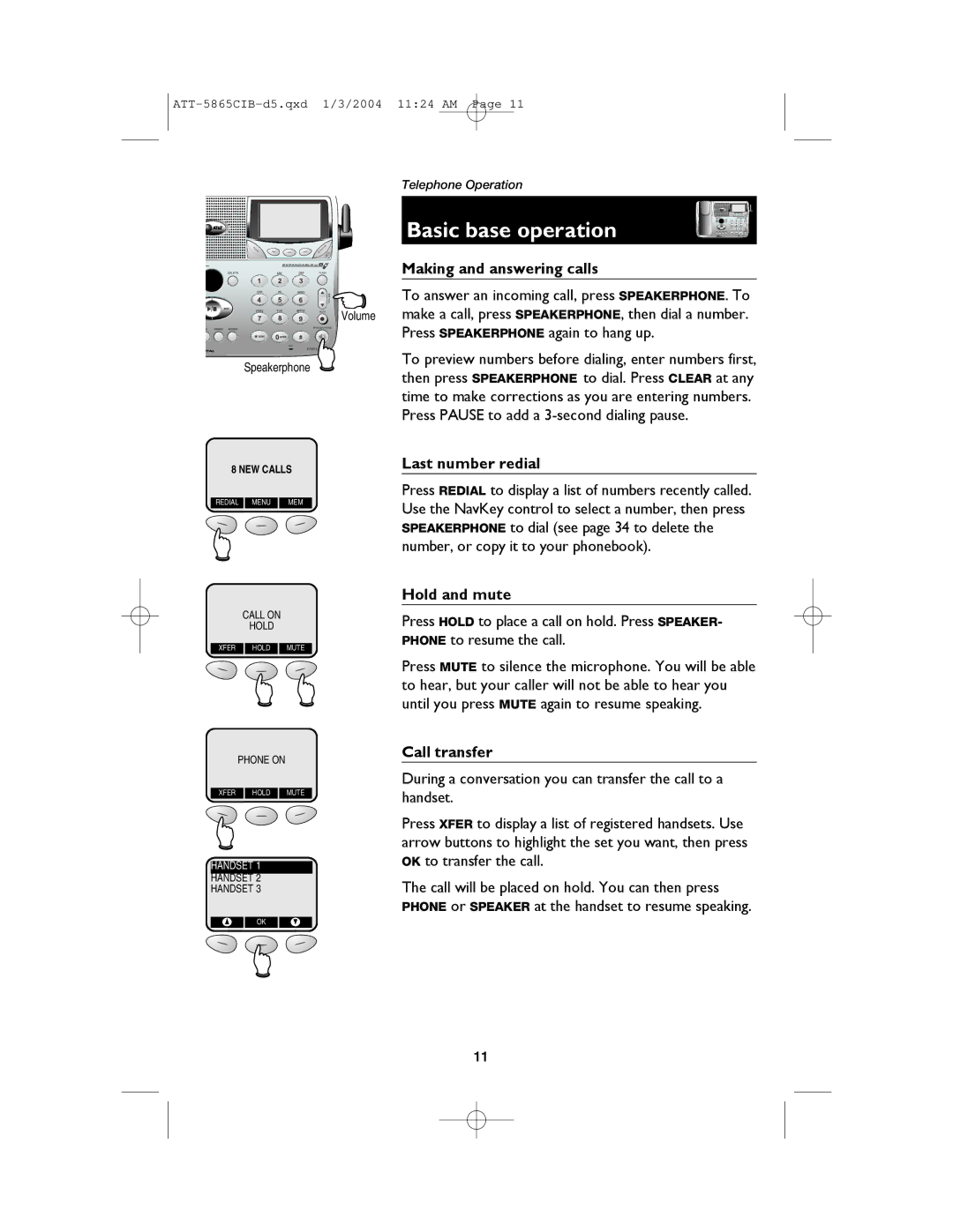 AT&T E5865 user manual Basic base operation, Speakerphone 