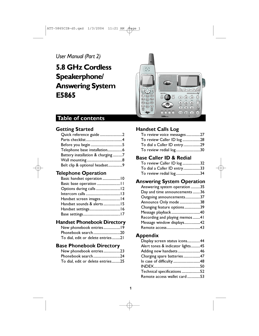 AT&T user manual GHz Cordless Speakerphone/ Answering System E5865, Table of contents 