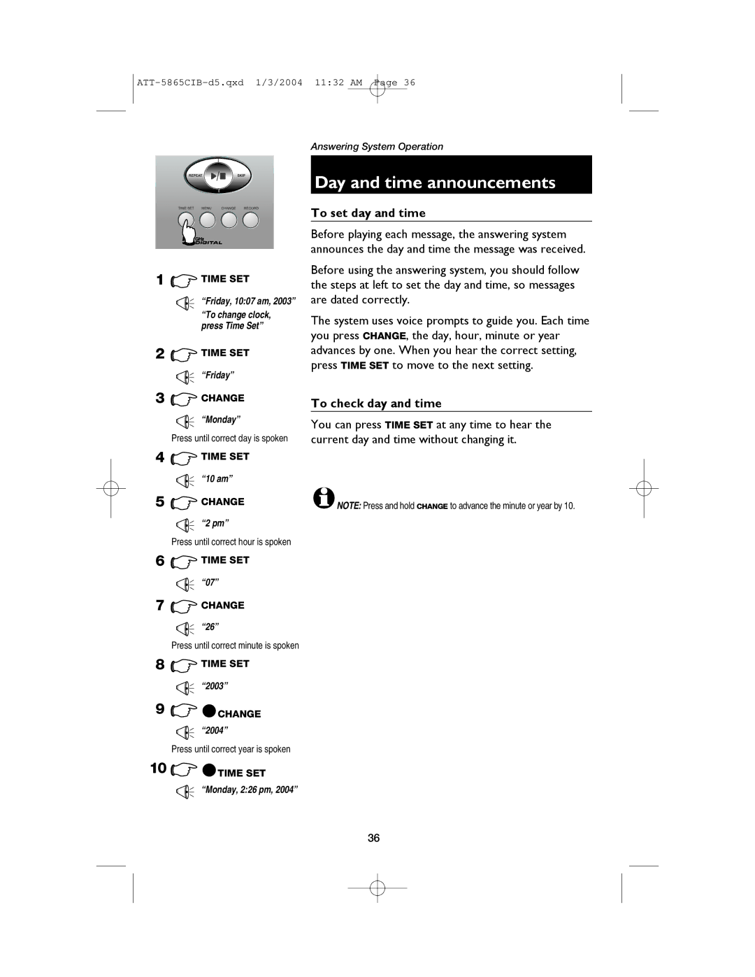 AT&T E5865 Day and time announcements, To set day and time, To check day and time, Press until correct minute is spoken 