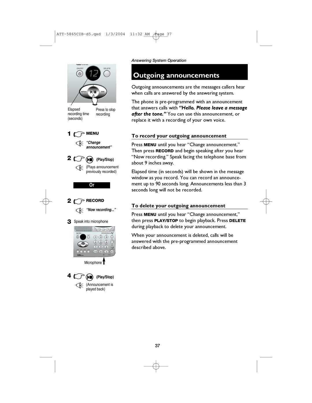 AT&T E5865 user manual Outgoing announcements, To record your outgoing announcement, To delete your outgoing announcement 