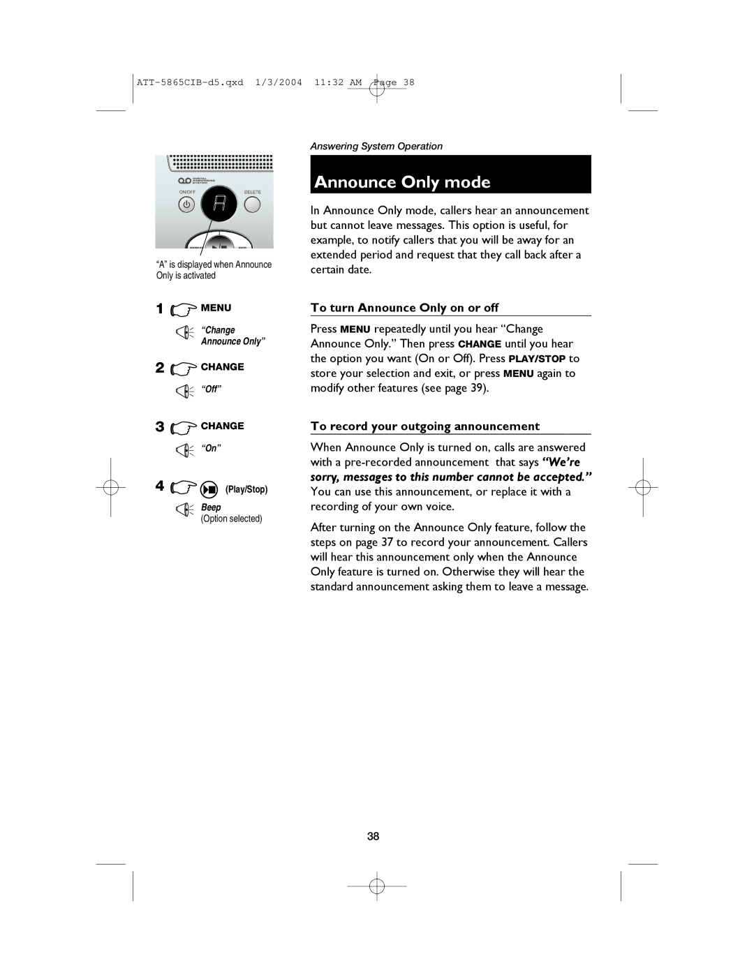 AT&T E5865 user manual Announce Only mode, To turn Announce Only on or off, Option selected 