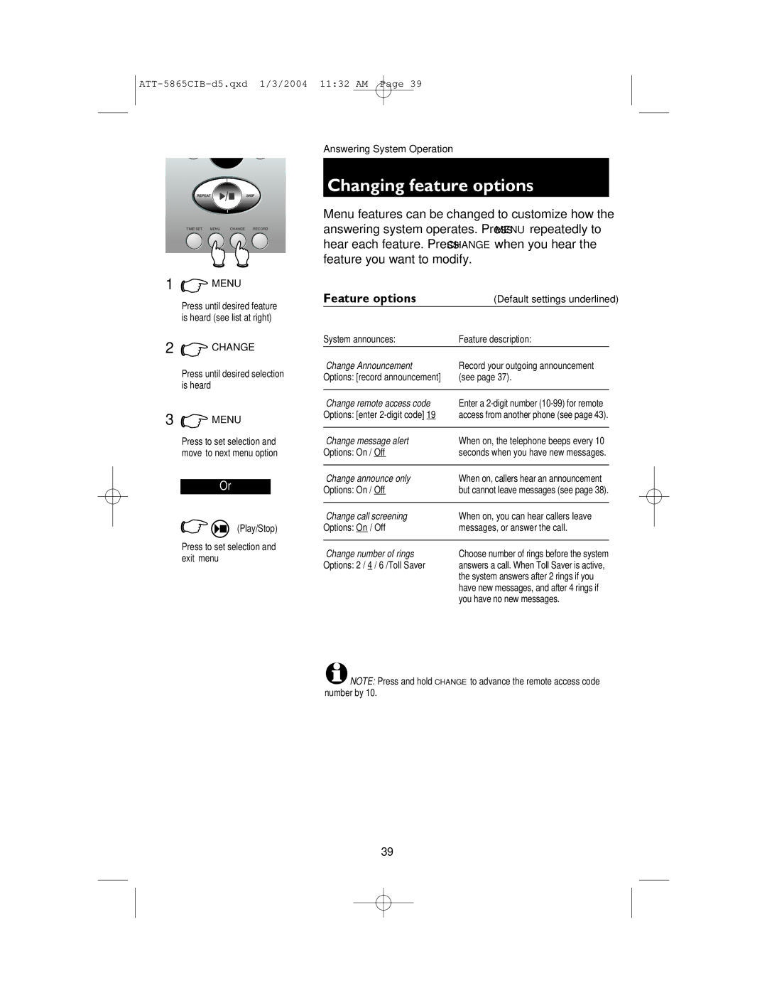 AT&T E5865 user manual Changing feature options, Feature options 