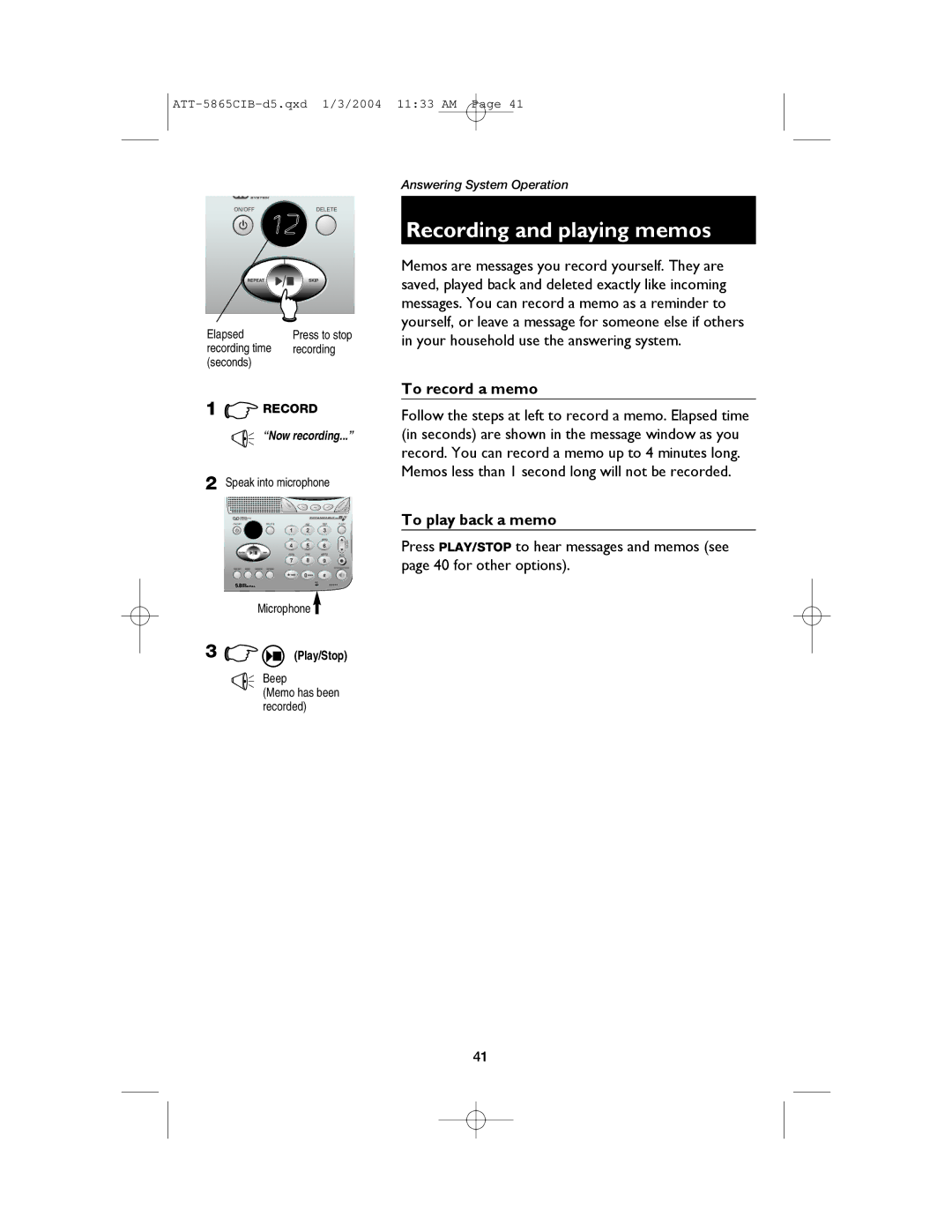 AT&T E5865 user manual Recording and playing memos, To record a memo, To play back a memo, Beep 