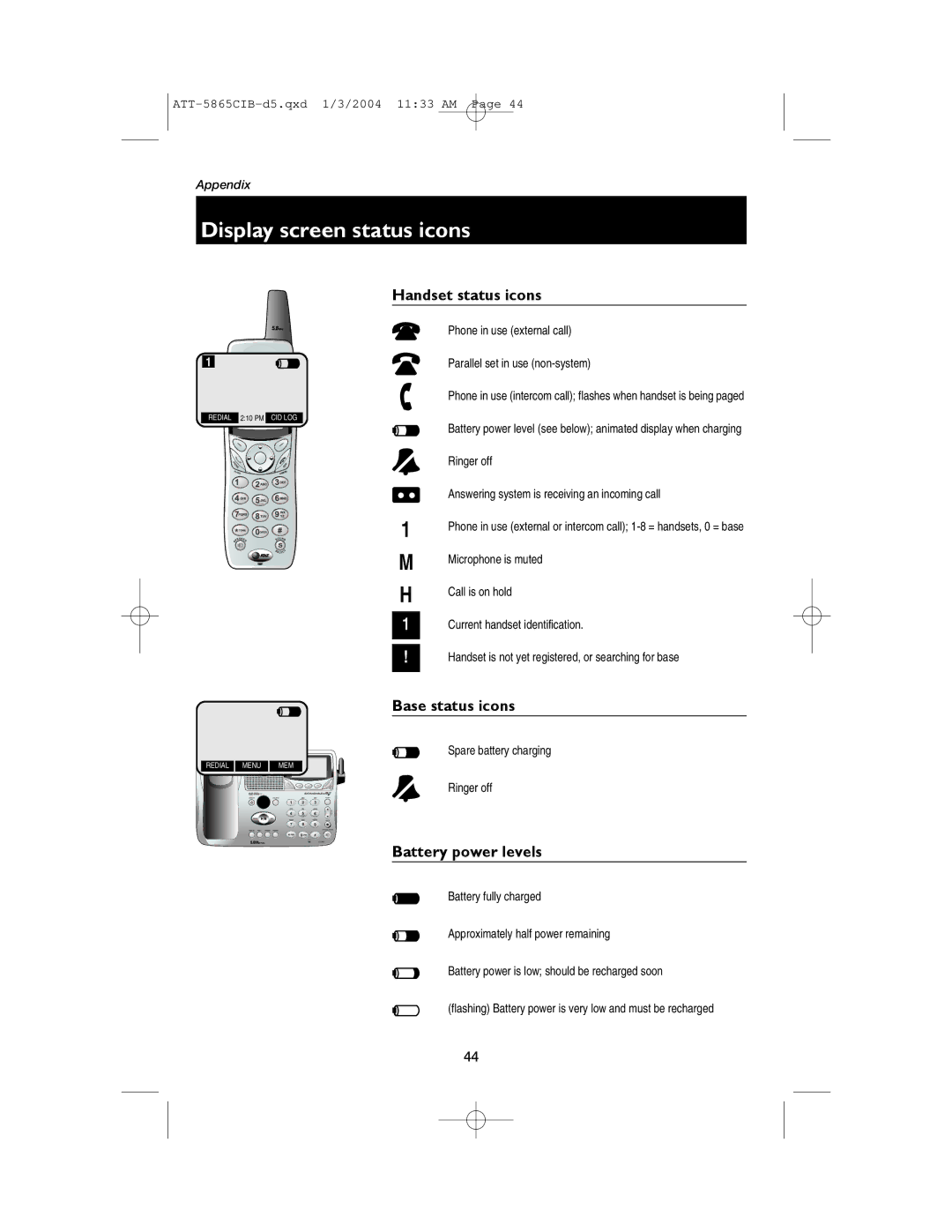 AT&T E5865 user manual Display screen status icons, Handset status icons, Base status icons, Battery power levels 