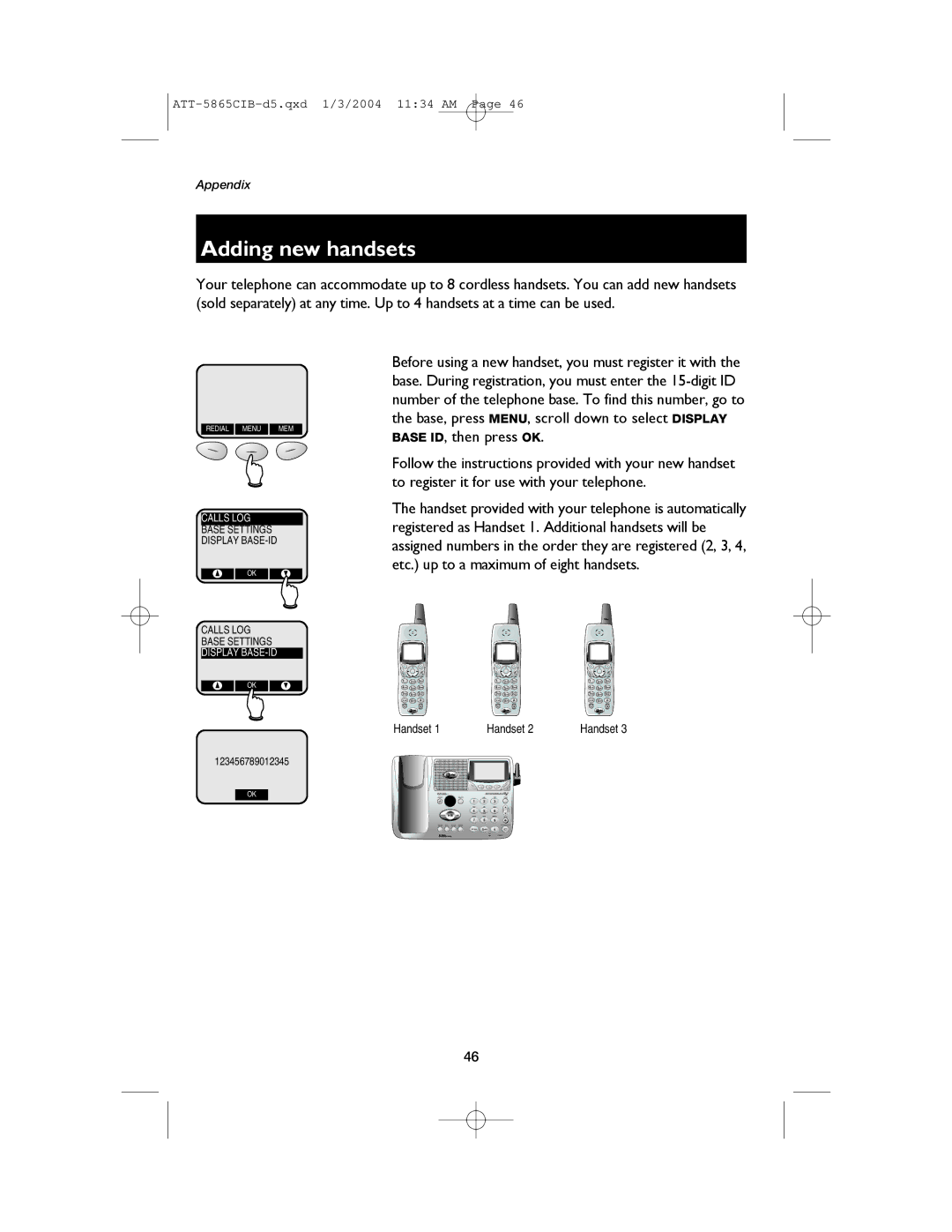 AT&T E5865 user manual Adding new handsets, Handset 