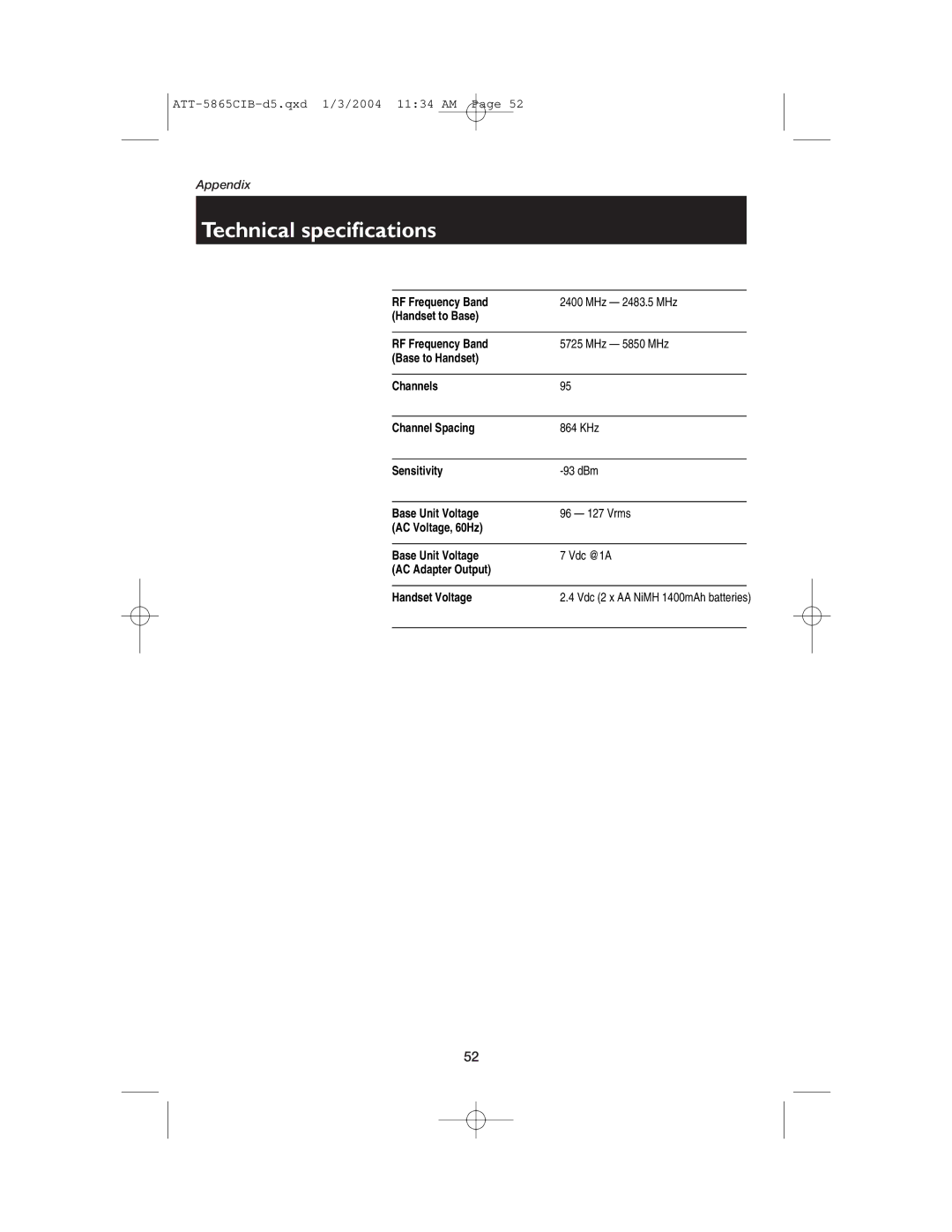 AT&T E5865 user manual Technical specifications 