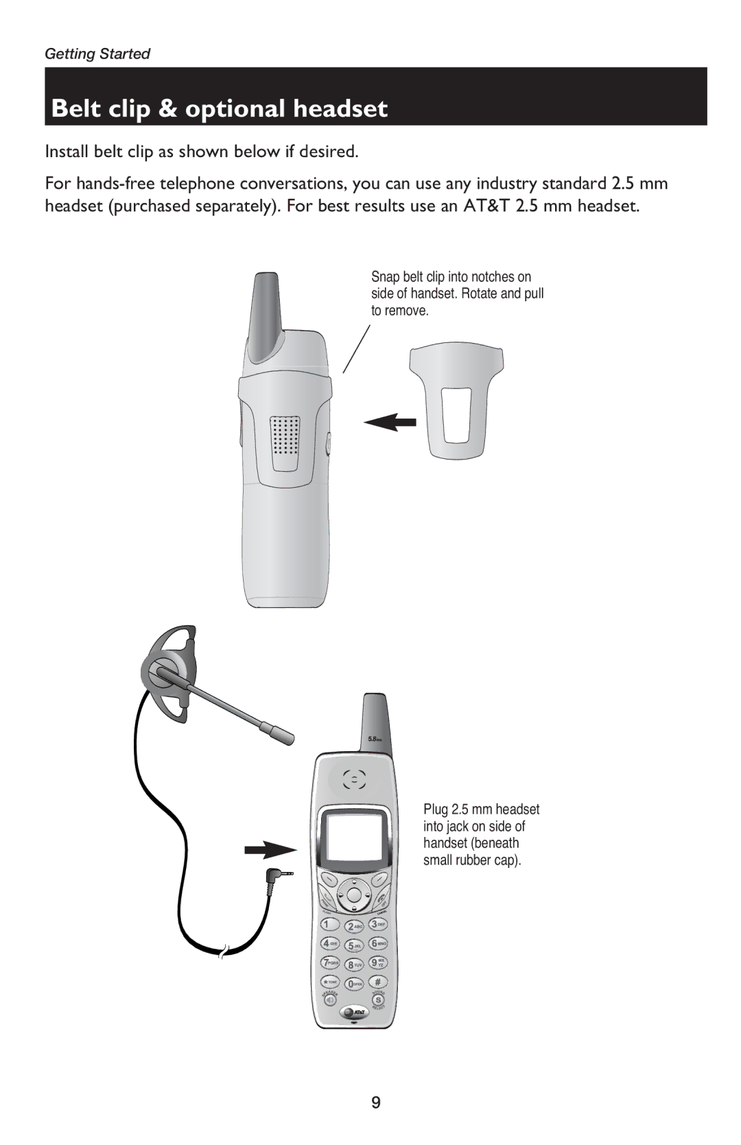 AT&T E5900B user manual Belt clip & optional headset, Install belt clip as shown below if desired 