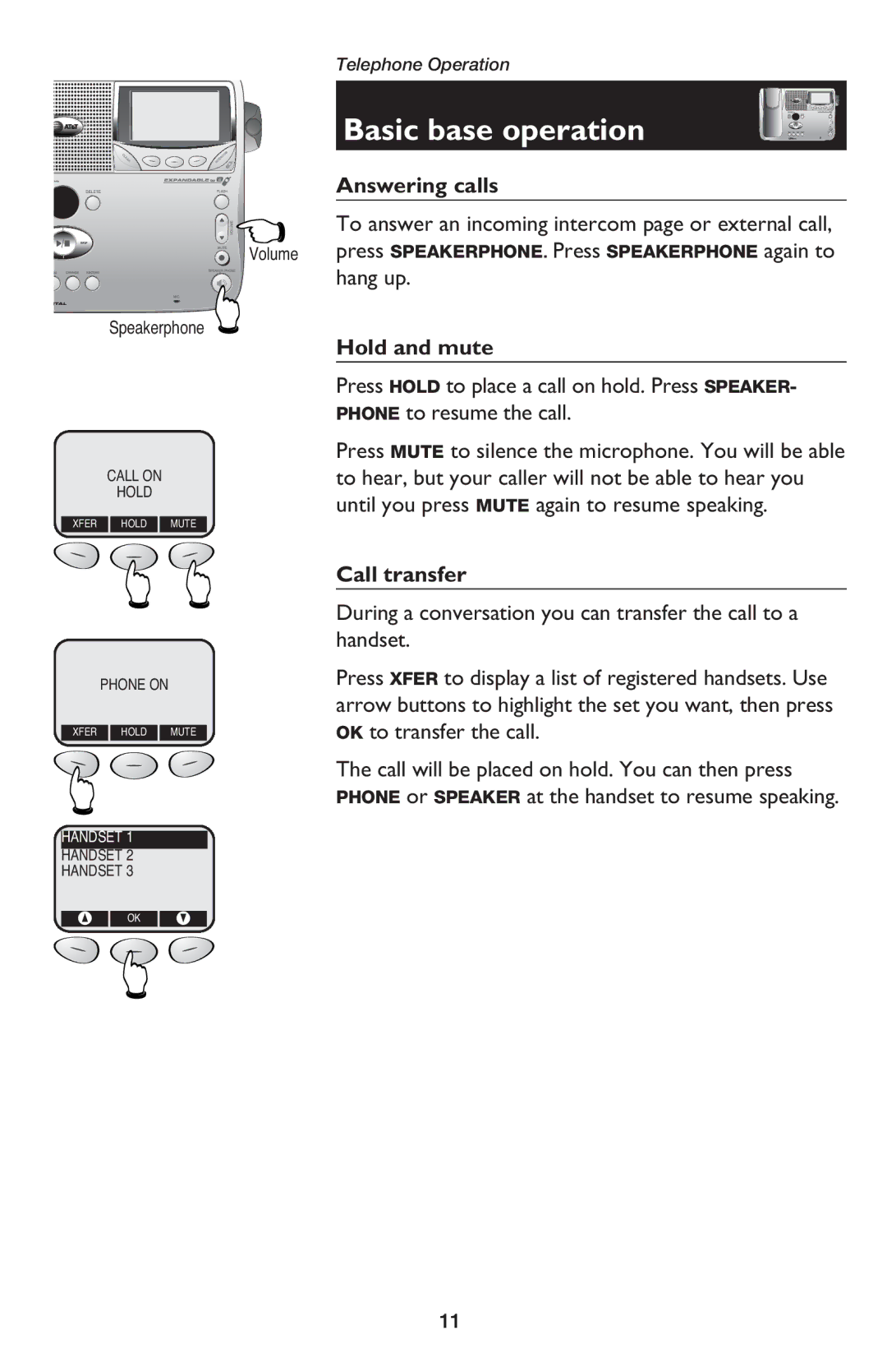 AT&T E5900B user manual Basic base operation, Answering calls, Speakerphone 