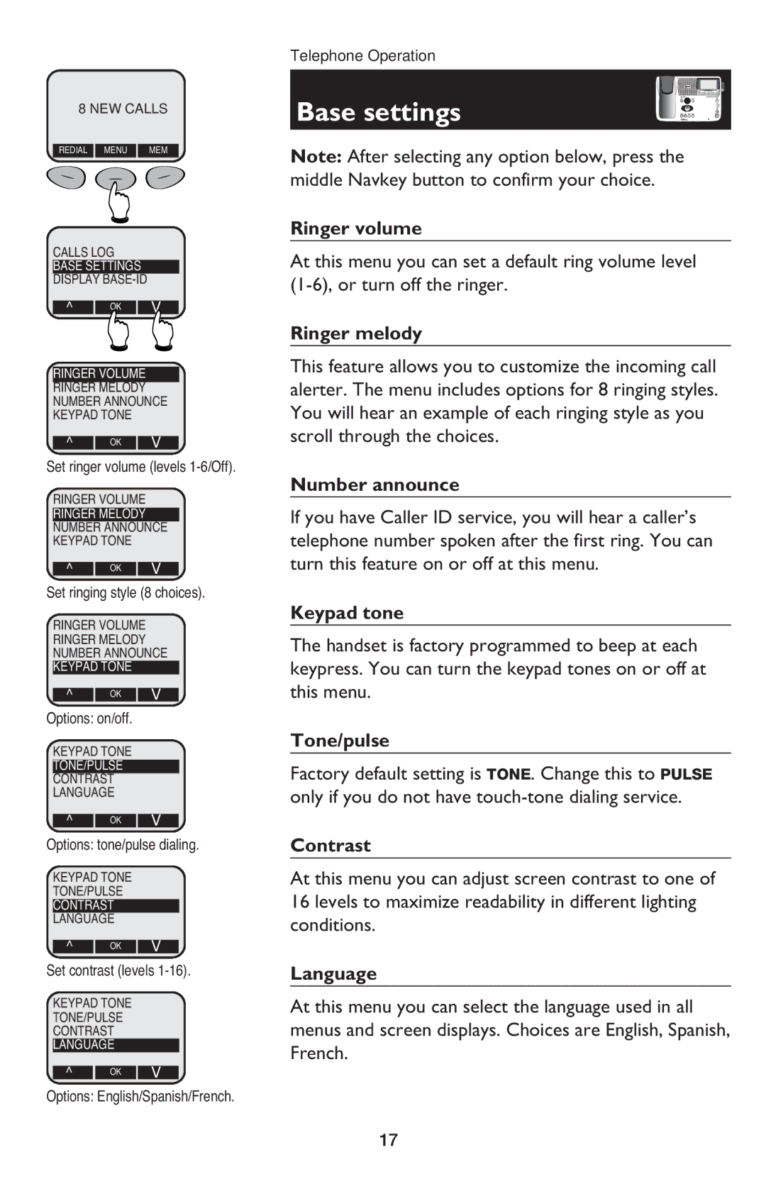 AT&T E5900B user manual Base settings, Ringer volume, Ringer melody, Number announce, Tone/pulse 