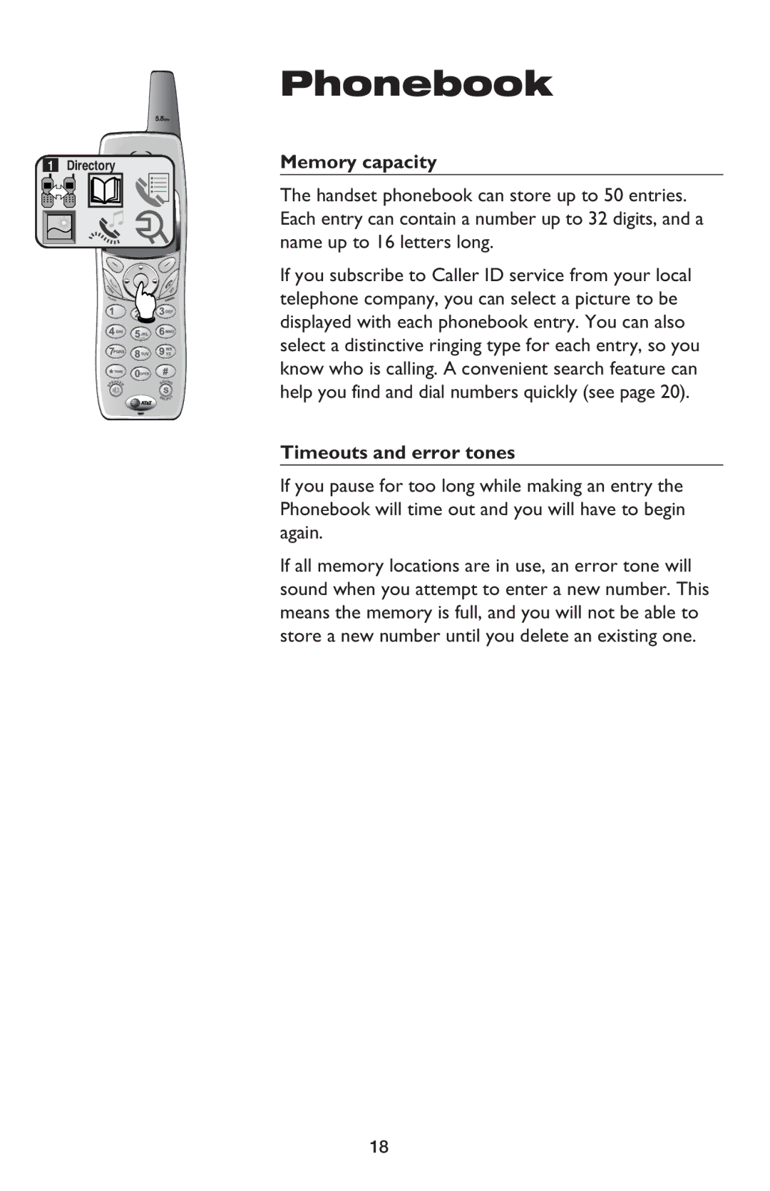 AT&T E5900B user manual Memory capacity, Timeouts and error tones 