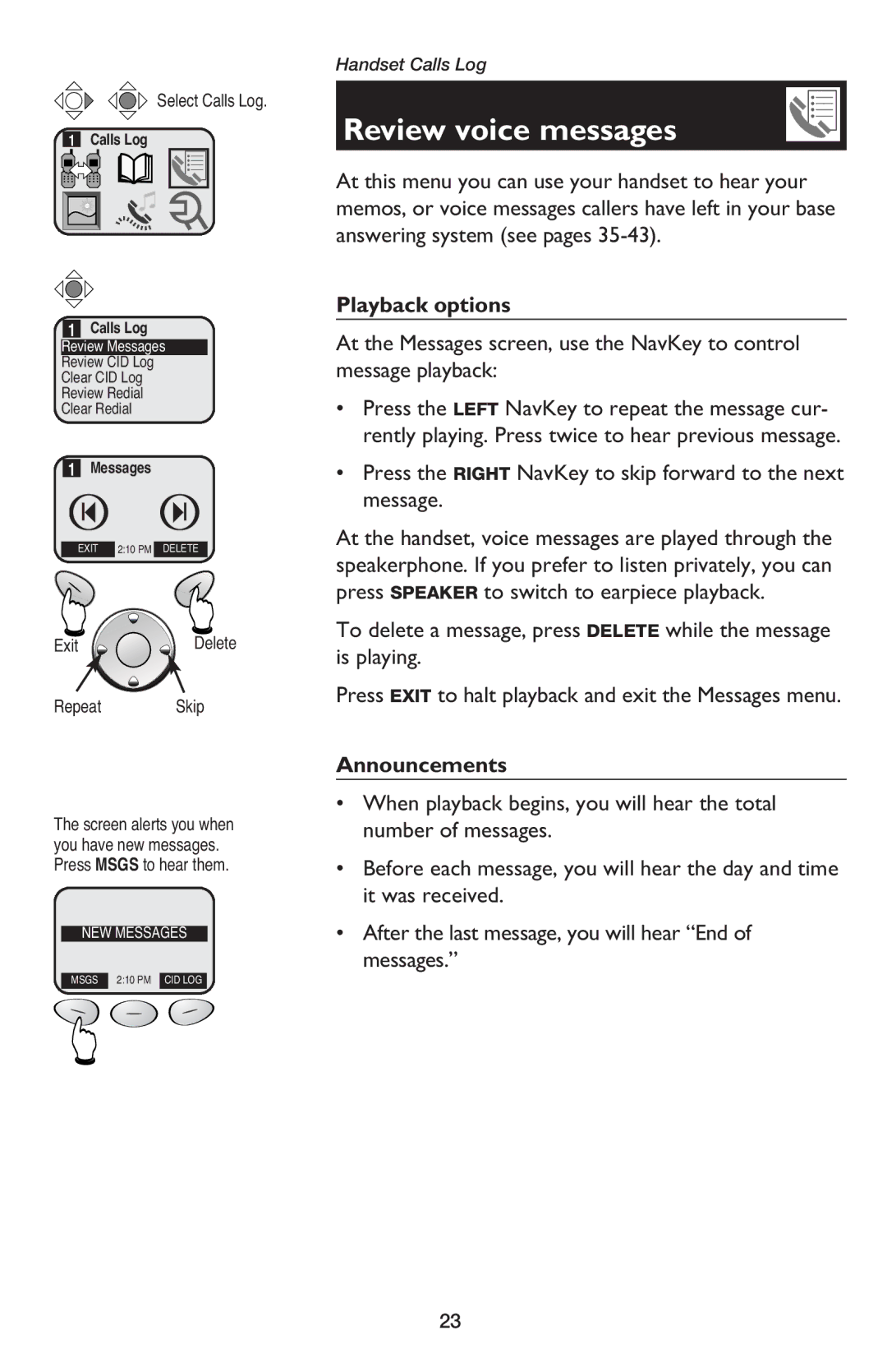 AT&T E5900B user manual Review voice messages, Playback options, Announcements, Exit, Repeat Skip 