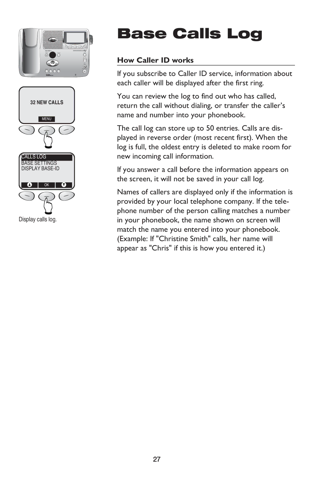 AT&T E5900B user manual Base Calls Log, Display calls log 