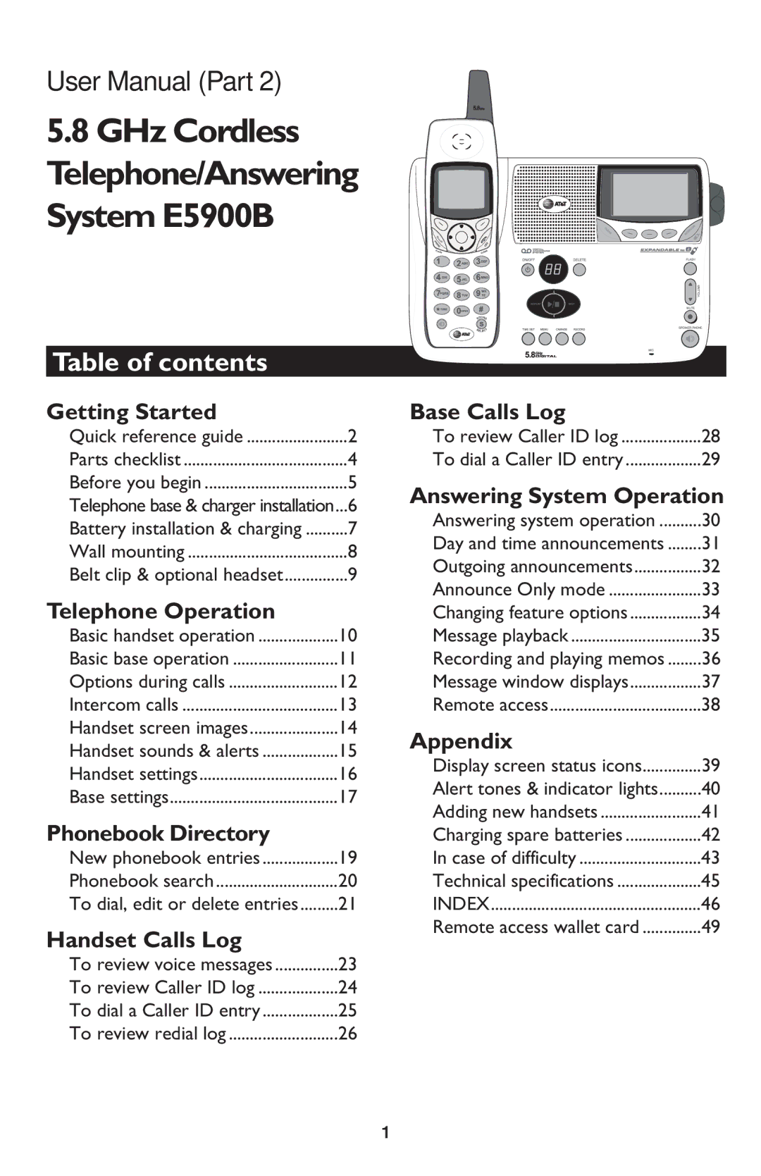 AT&T user manual GHz Cordless Telephone/Answering System E5900B, Table of contents 