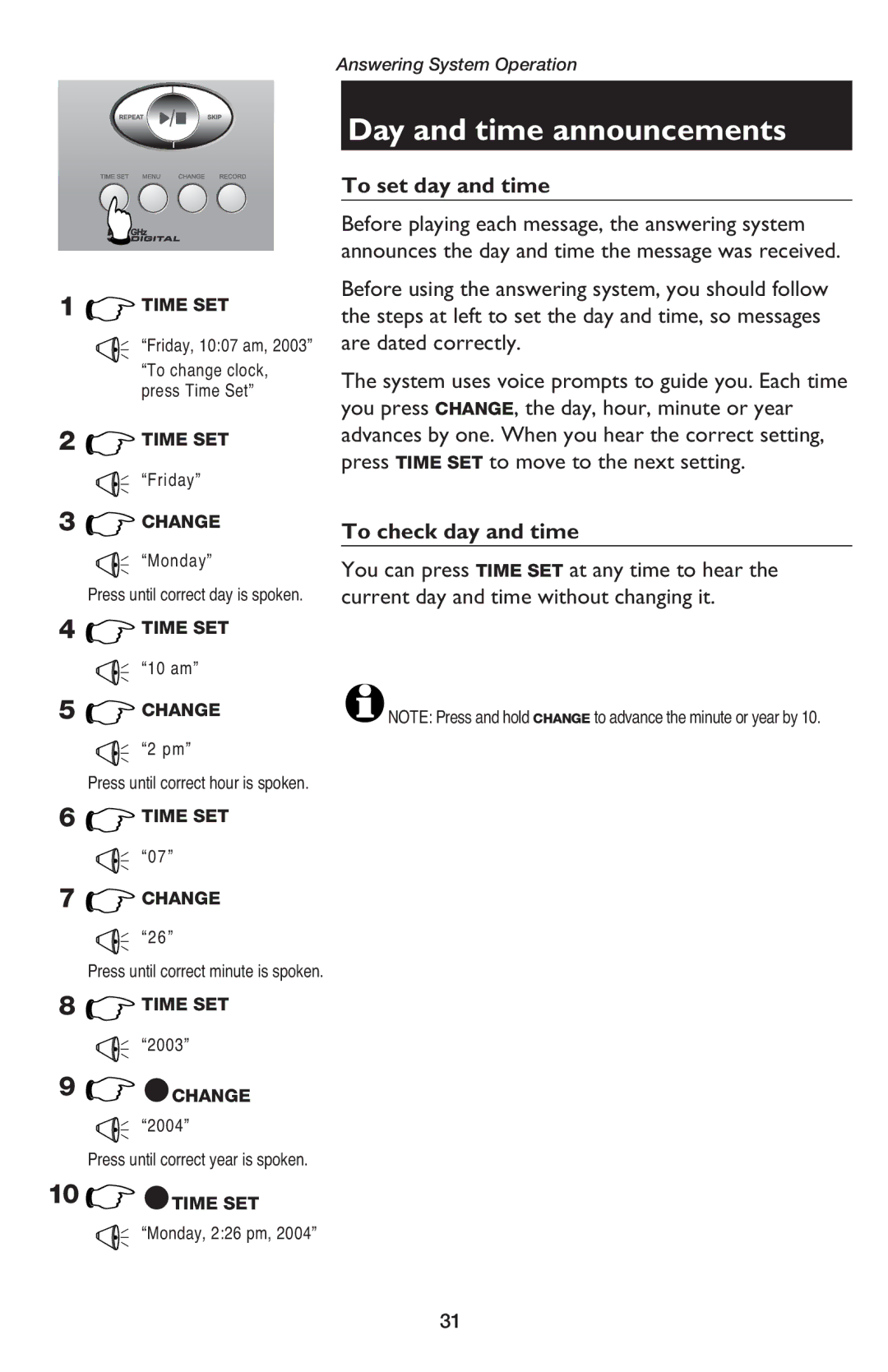 AT&T E5900B user manual Day and time announcements, To set day and time, To check day and time 