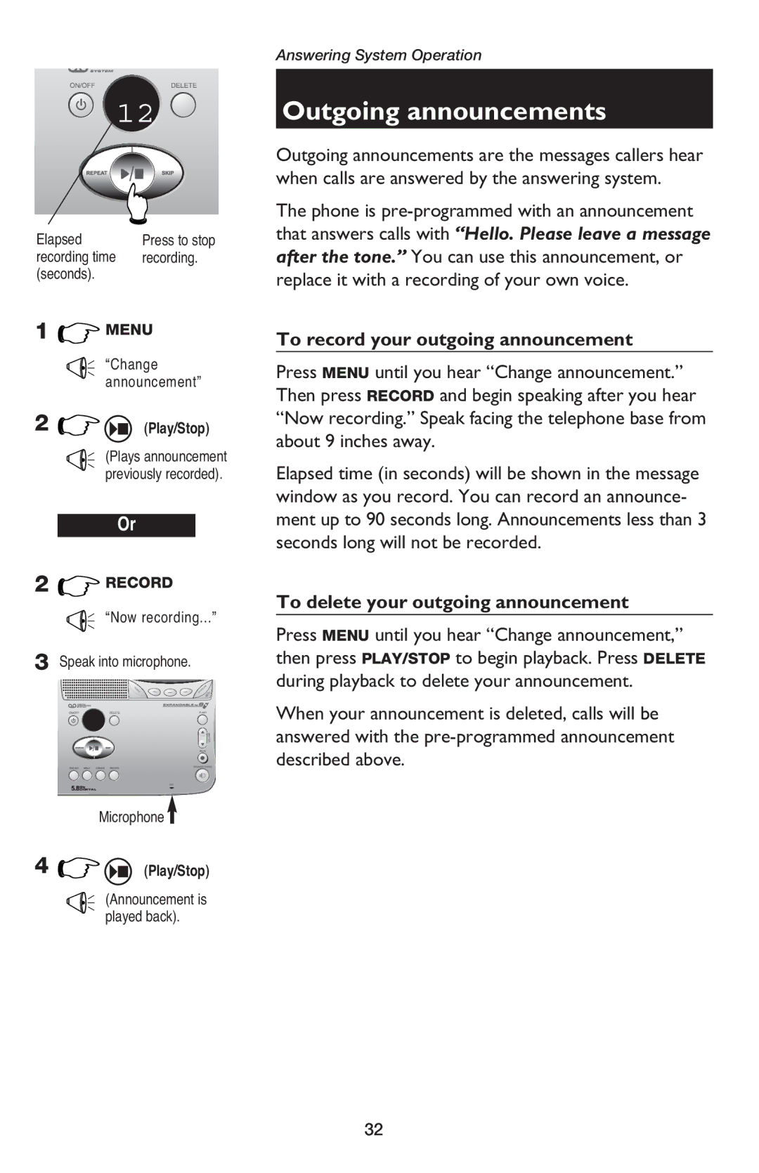 AT&T E5900B user manual Outgoing announcements, To record your outgoing announcement, To delete your outgoing announcement 