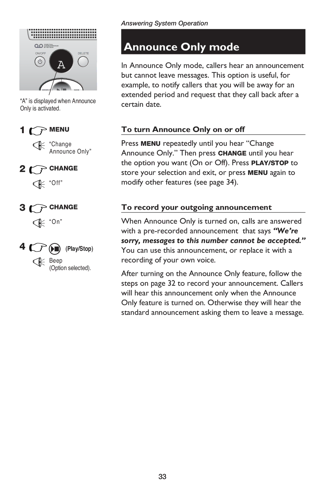 AT&T E5900B user manual Announce Only mode, To turn Announce Only on or off, Off, Beep Option selected 