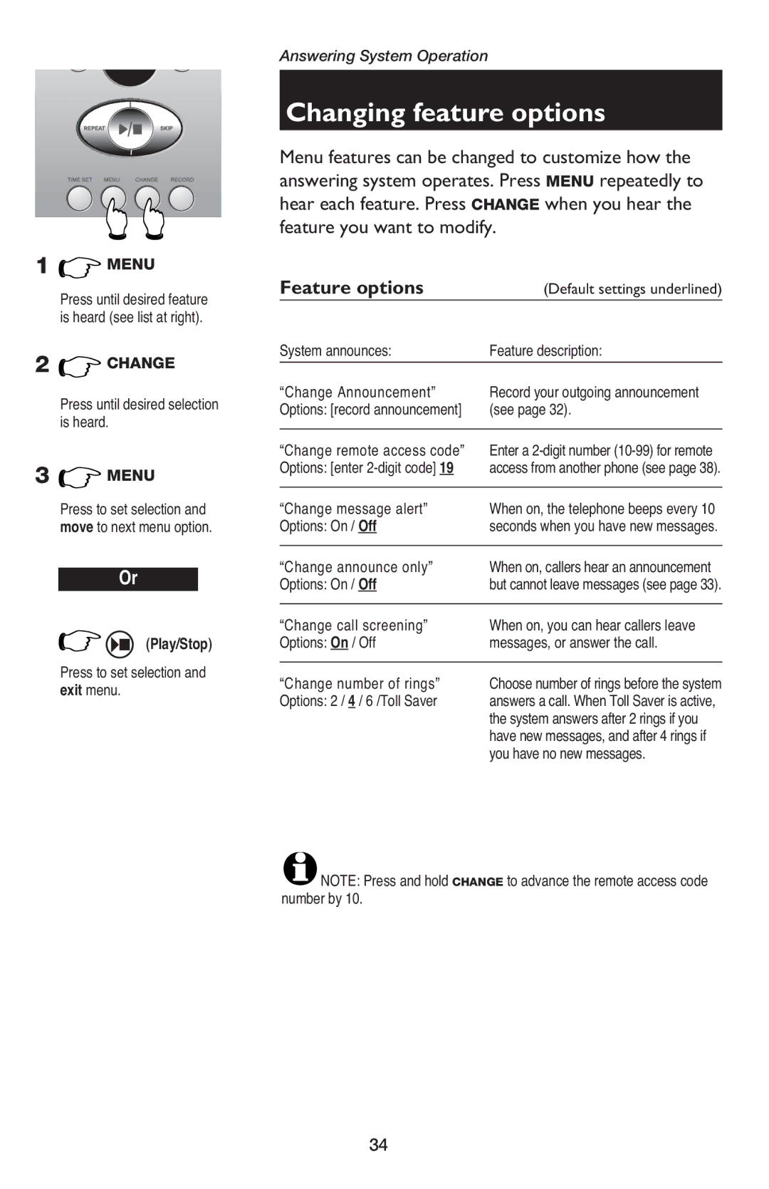 AT&T E5900B user manual Changing feature options, Feature options 