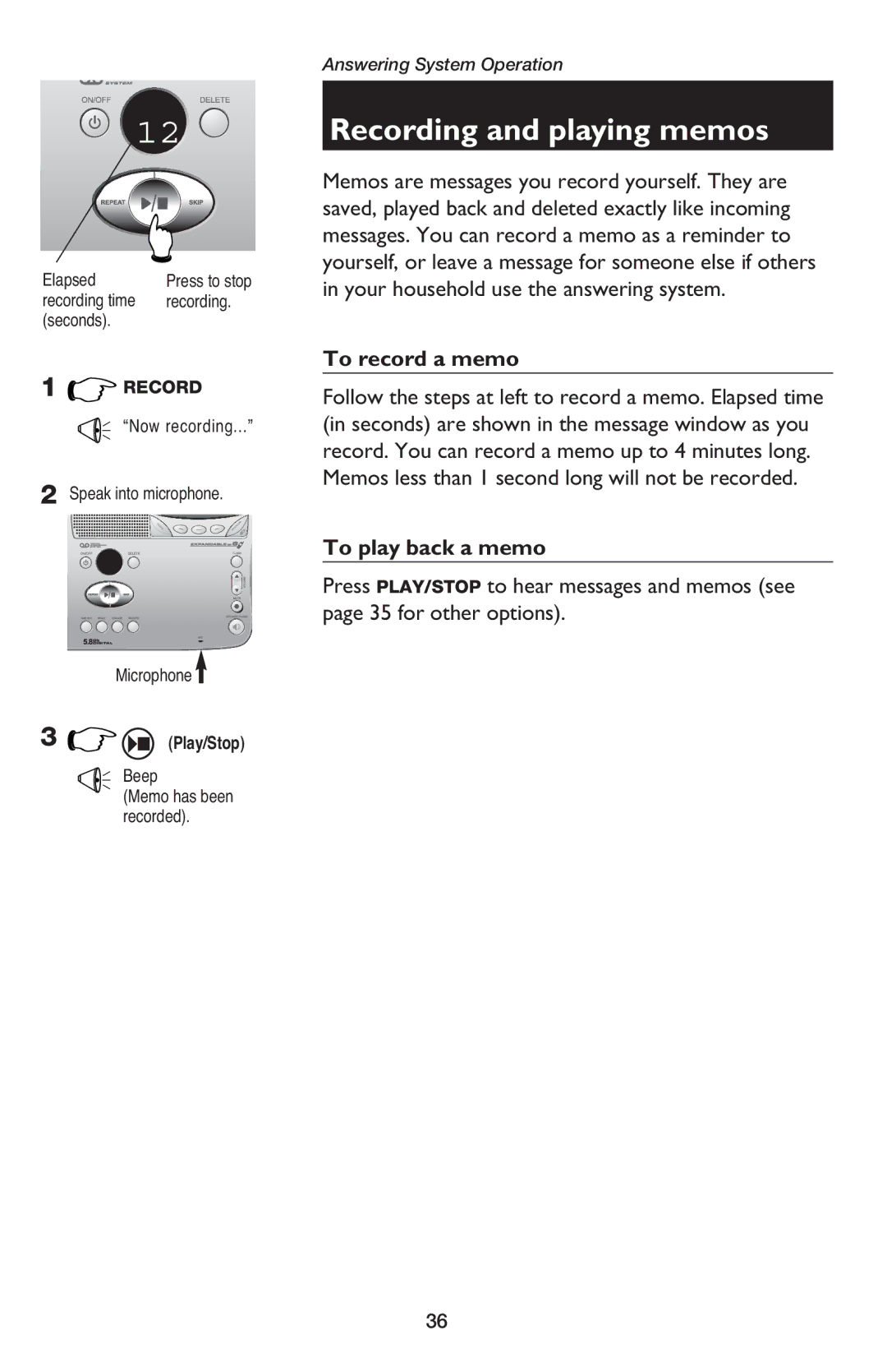 AT&T E5900B user manual Recording and playing memos, To record a memo, To play back a memo, Beep 