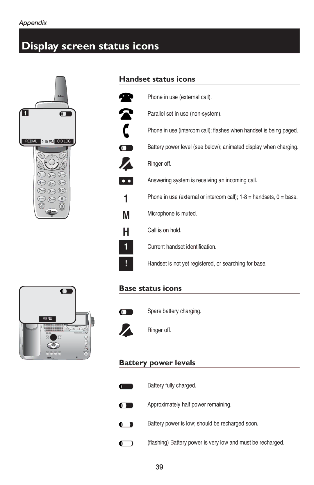 AT&T E5900B user manual Display screen status icons, Handset status icons, Base status icons, Battery power levels 