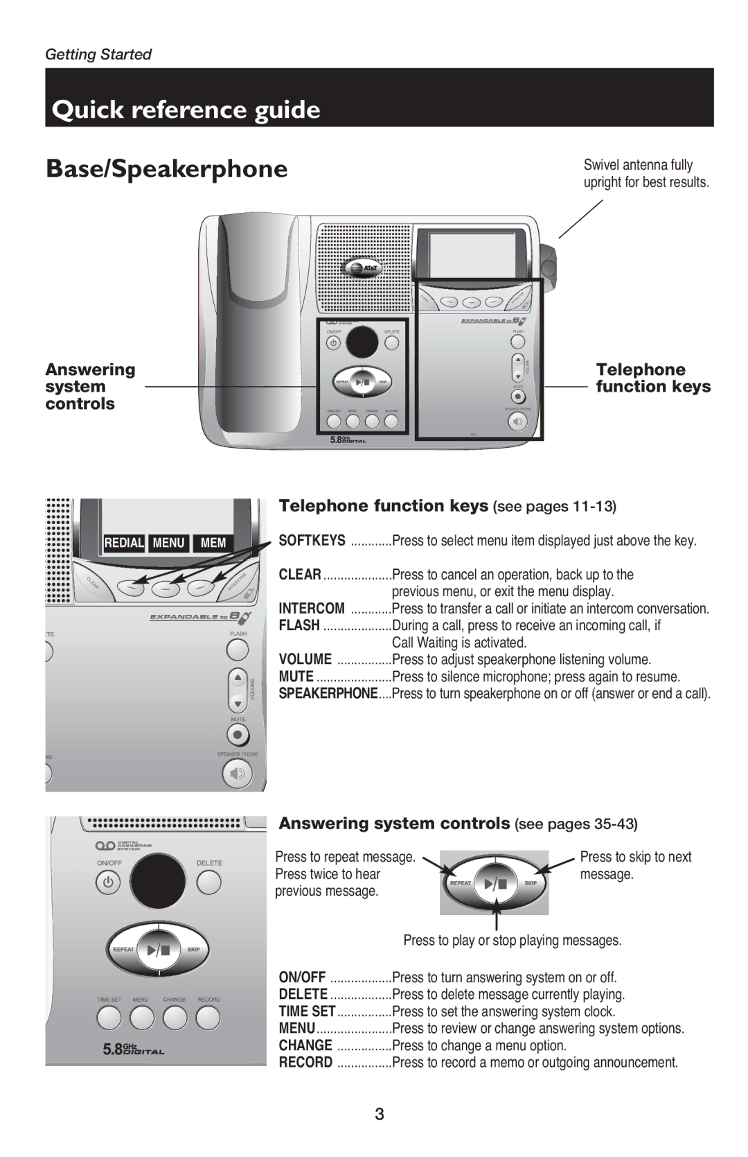 AT&T E5900B user manual Base/Speakerphone, Press to skip to next message 