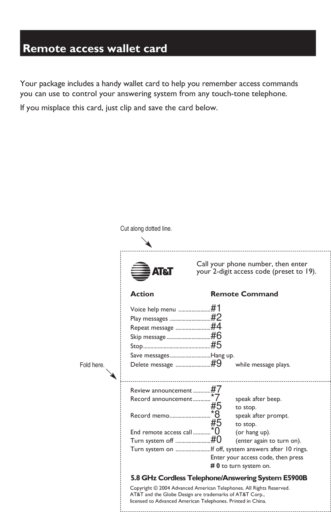 AT&T E5900B user manual Remote access wallet card, Cut along dotted line, Fold here 