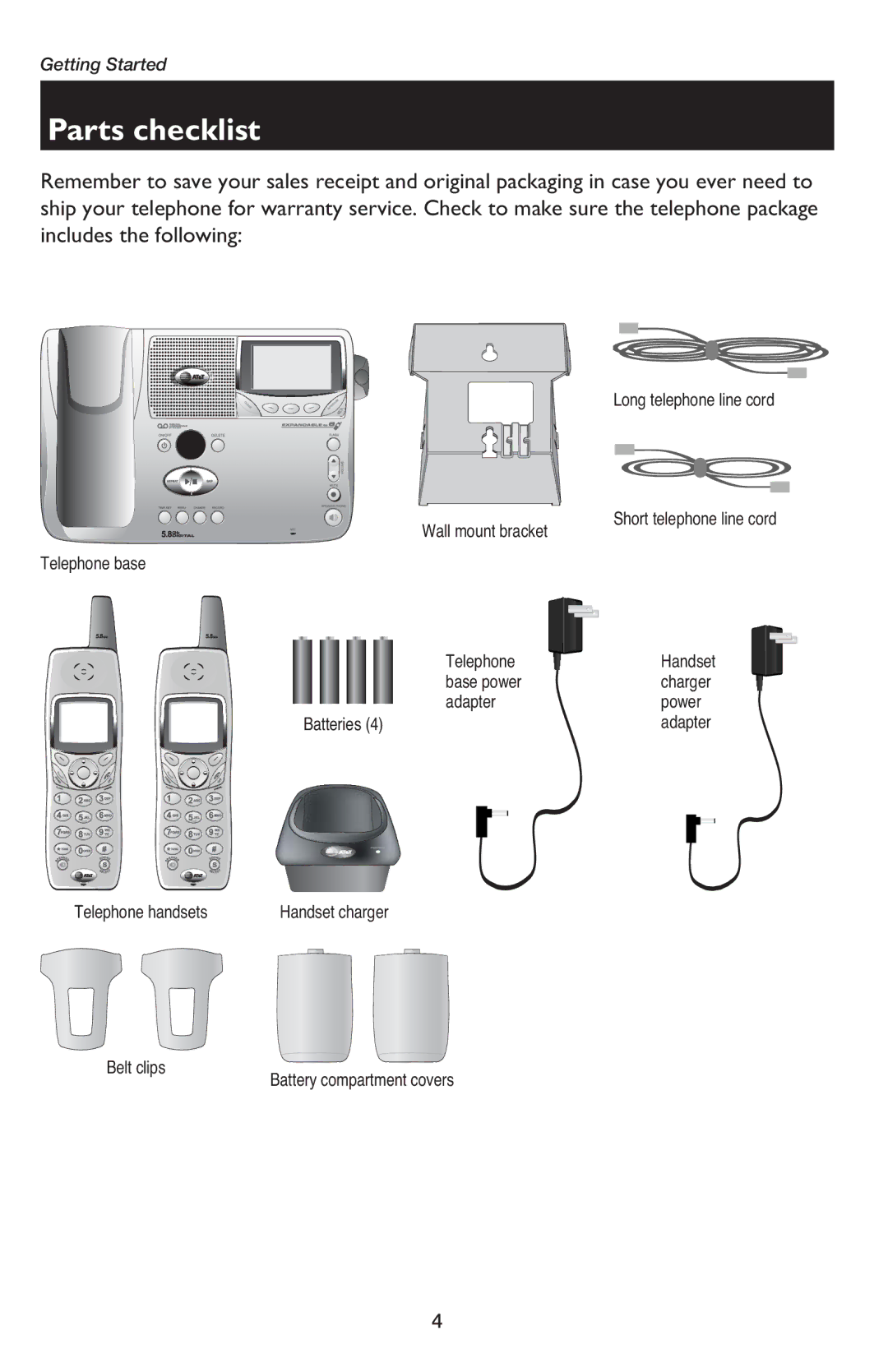 AT&T E5900B user manual Parts checklist, Base power, Adapter Power Batteries, Telephone handsets 