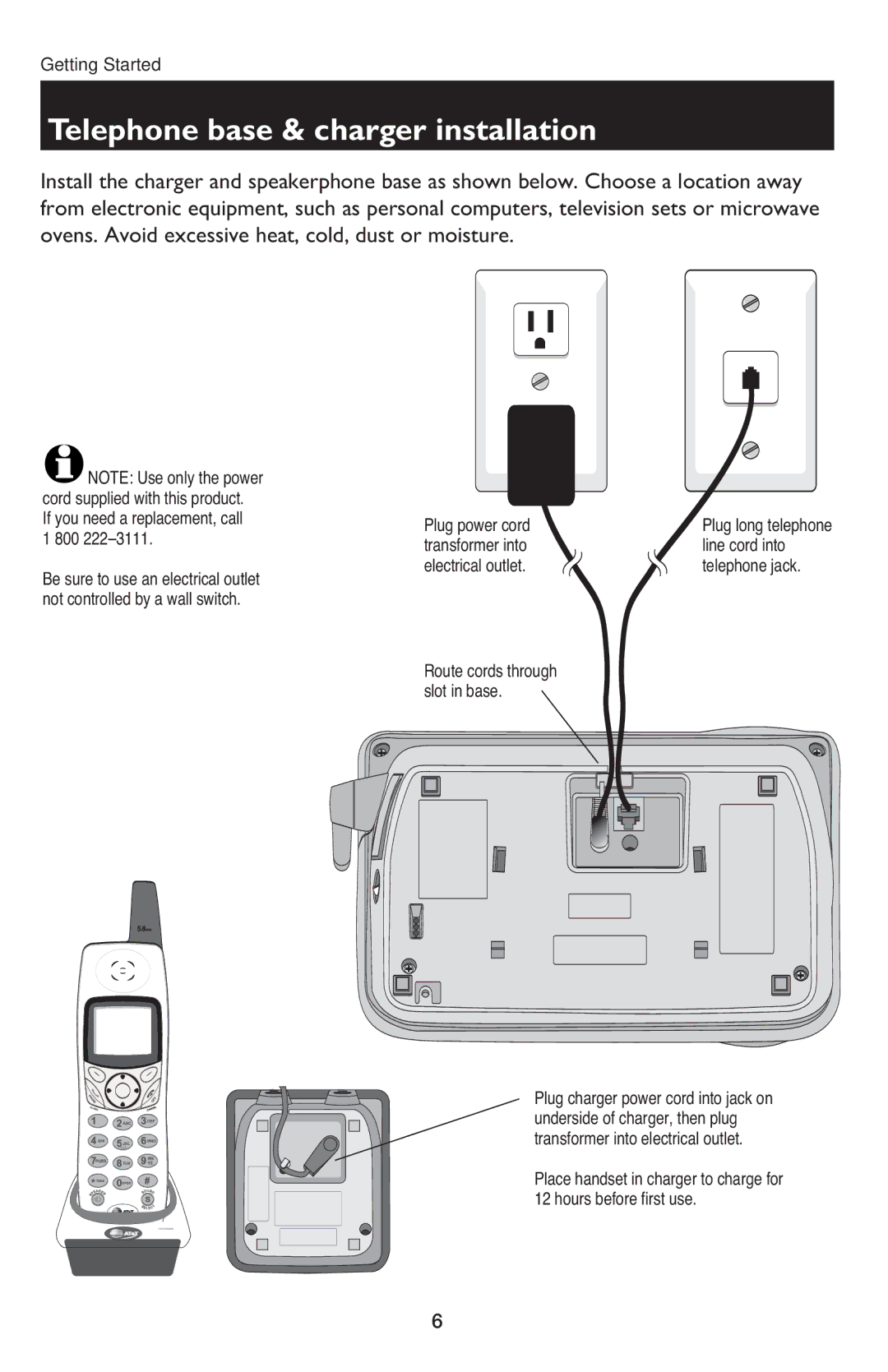 AT&T E5900B user manual Telephone base & charger installation, Plug power cord 