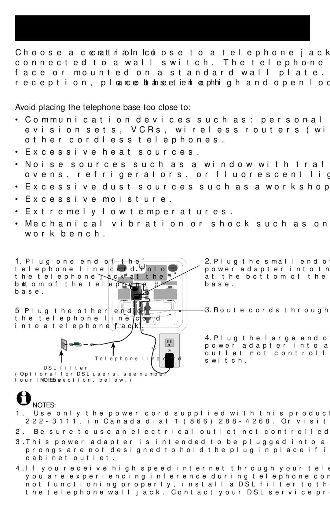 AT&T E5901 quick start Installation and setup, Avoid placing the telephone base too close to 