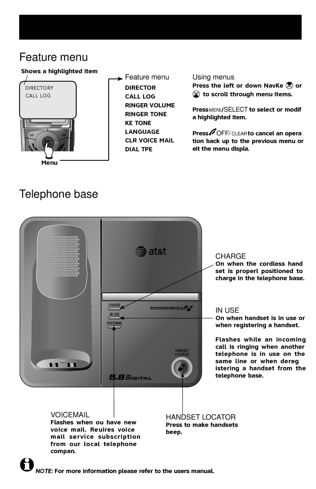 AT&T E5901 quick start Feature menu, Telephone base 