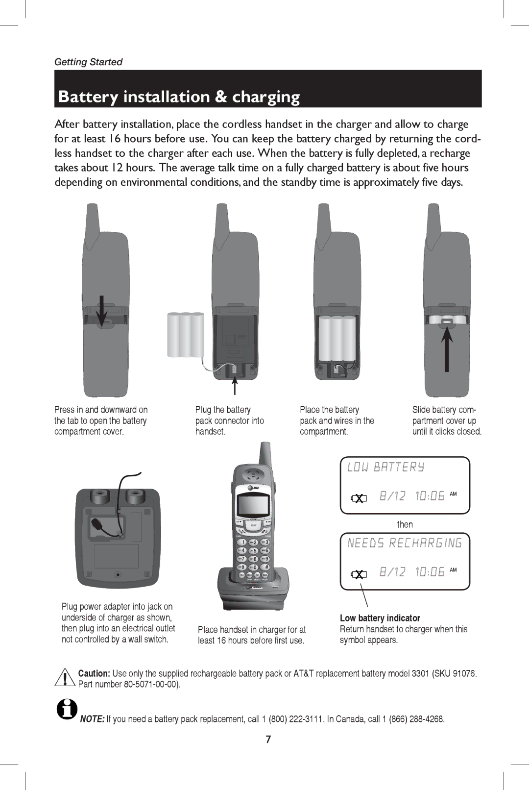 AT&T E5908 user manual Battery installation & charging, Compartment cover Handset, Then 