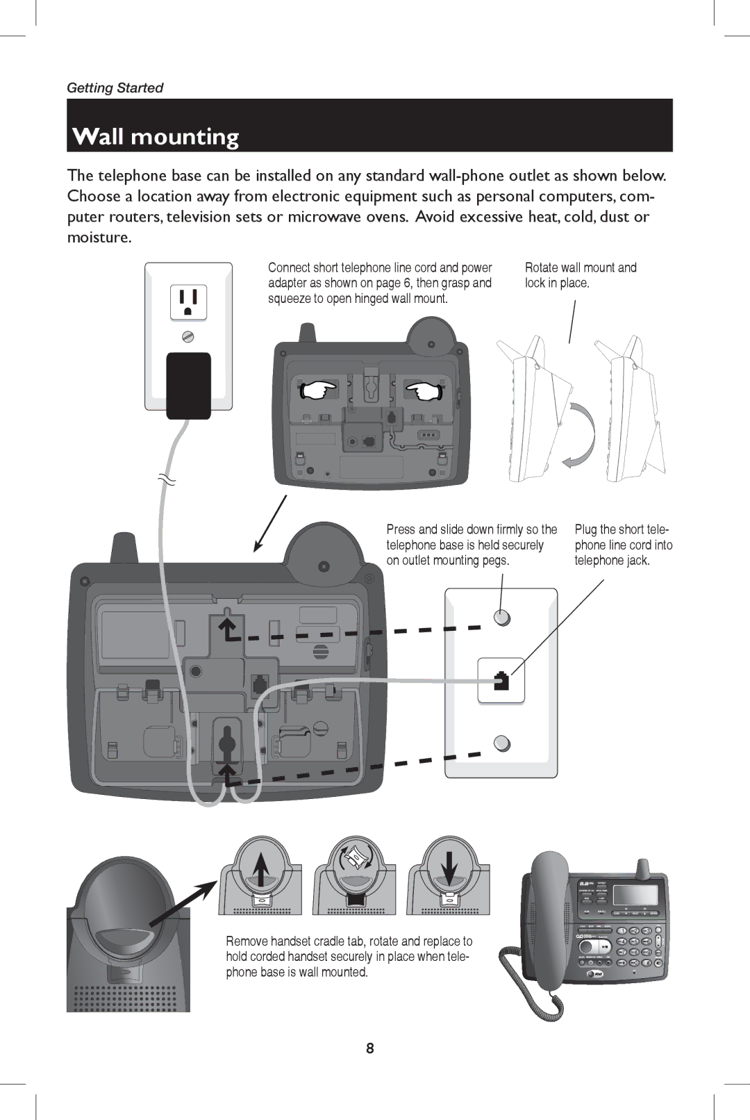 AT&T E5908 user manual Wall mounting, Lock in place, Squeeze to open hinged wall mount 