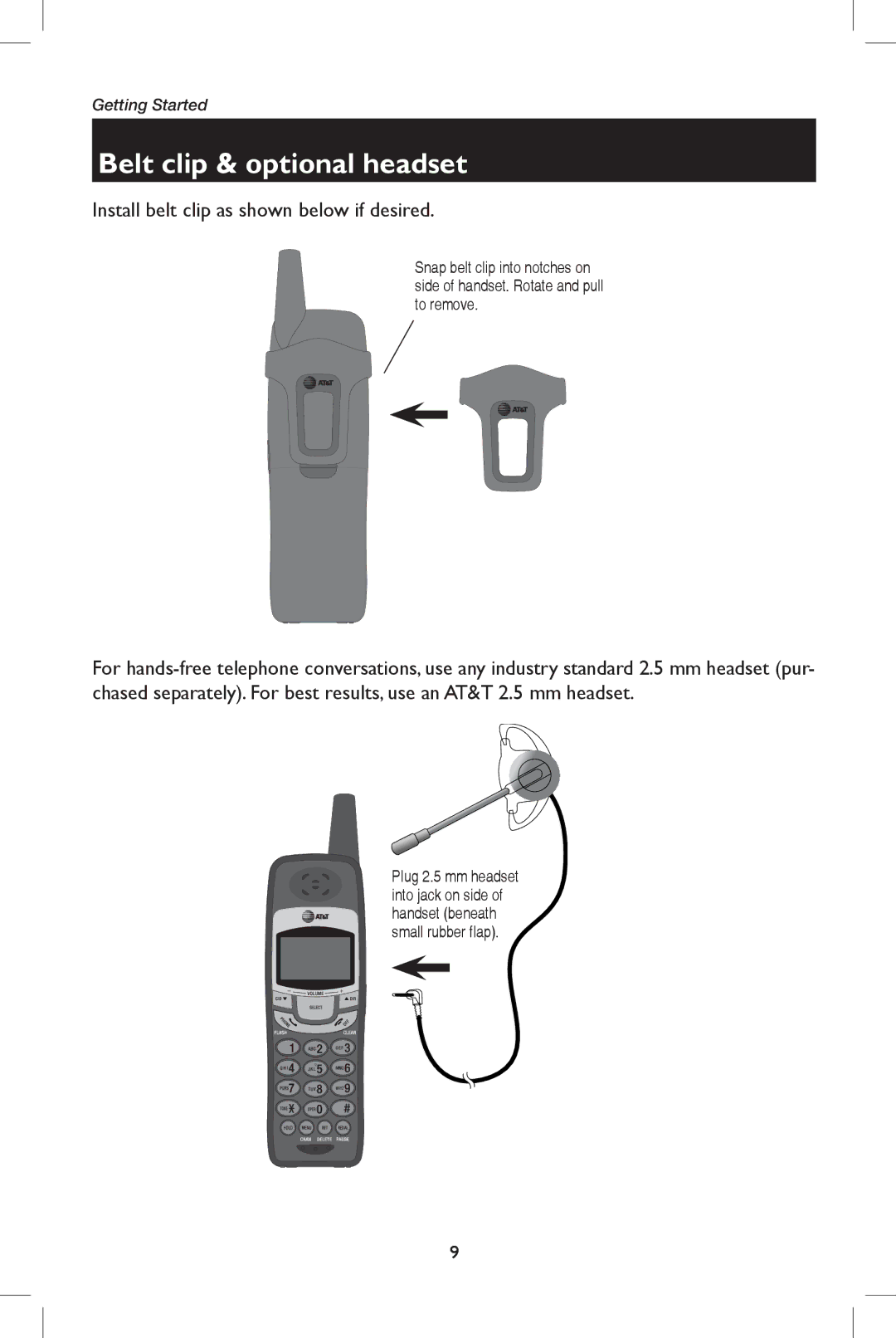 AT&T E5908 user manual Belt clip & optional headset 