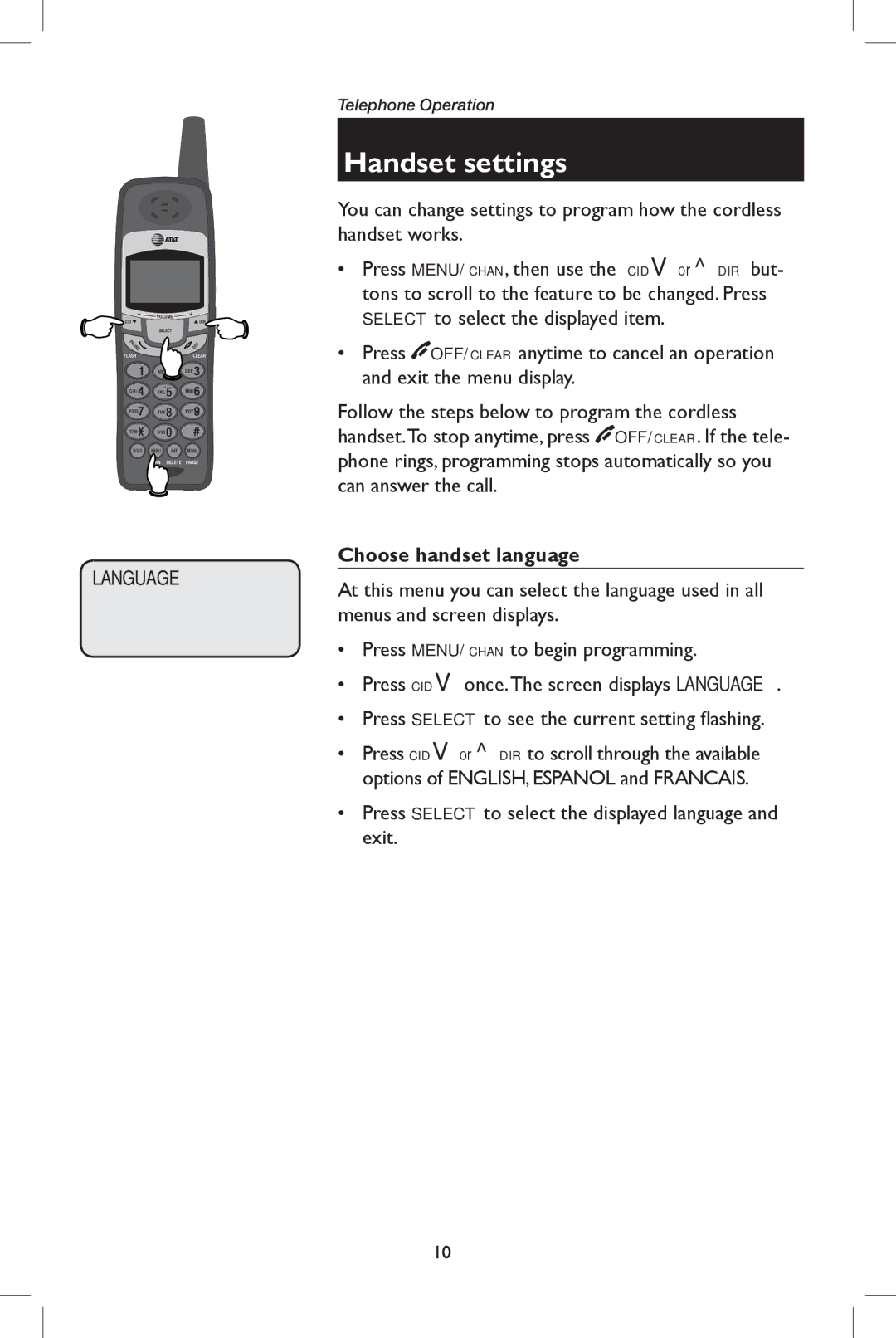 AT&T E5908 user manual Handset settings, Choose handset language 