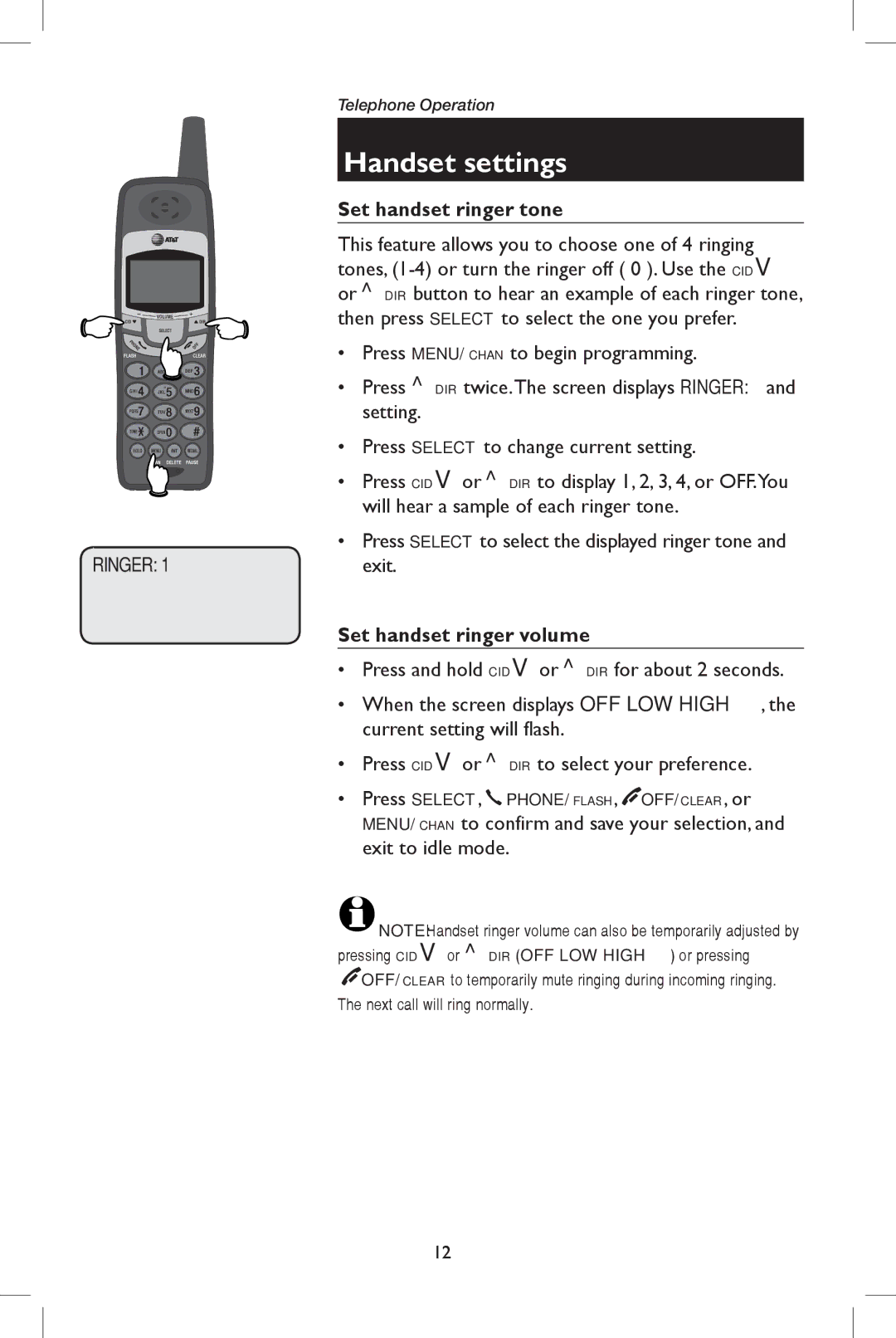 AT&T E5908 user manual Set handset ringer tone, Set handset ringer volume 