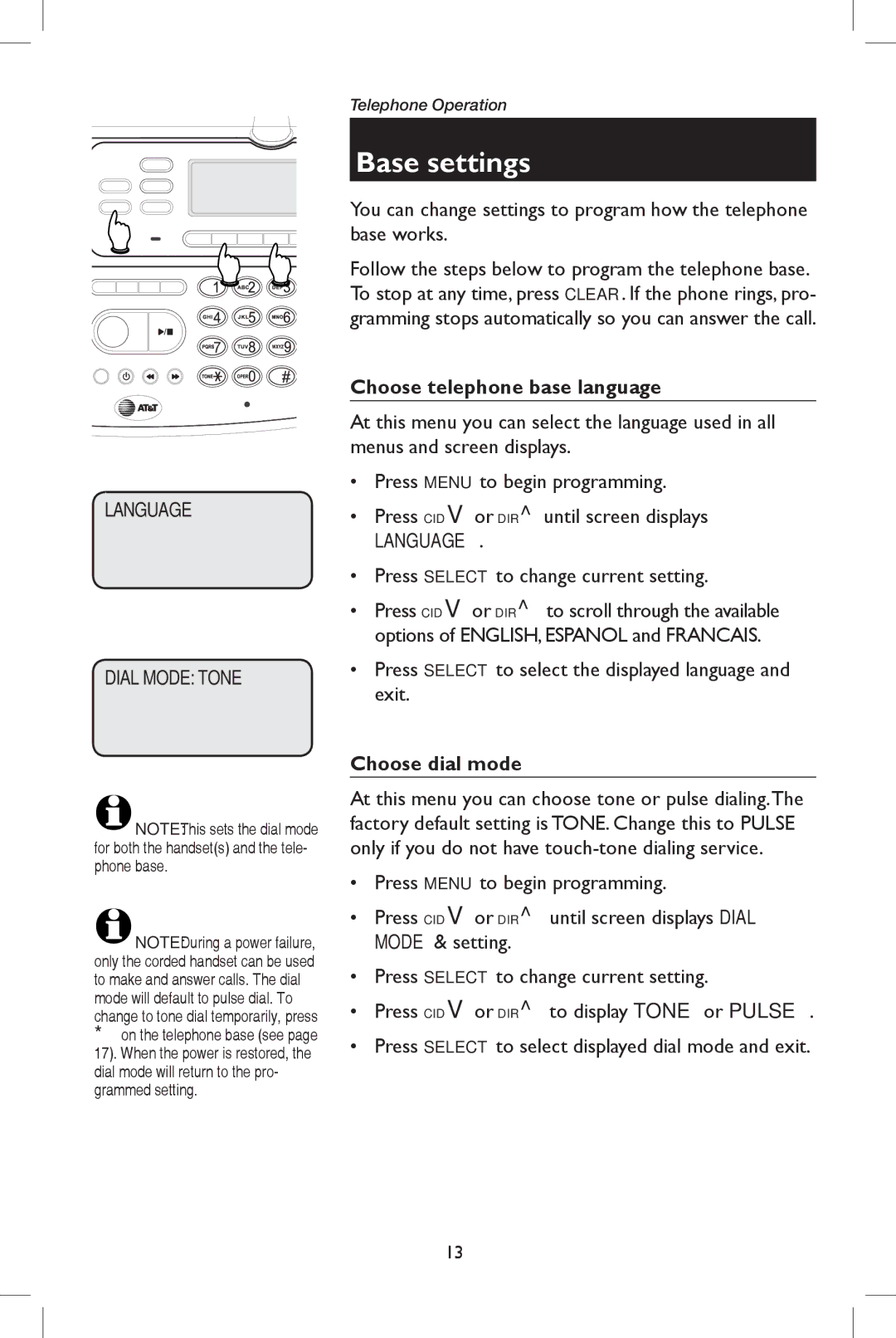 AT&T E5908 user manual Base settings, Choose telephone base language, Choose dial mode 