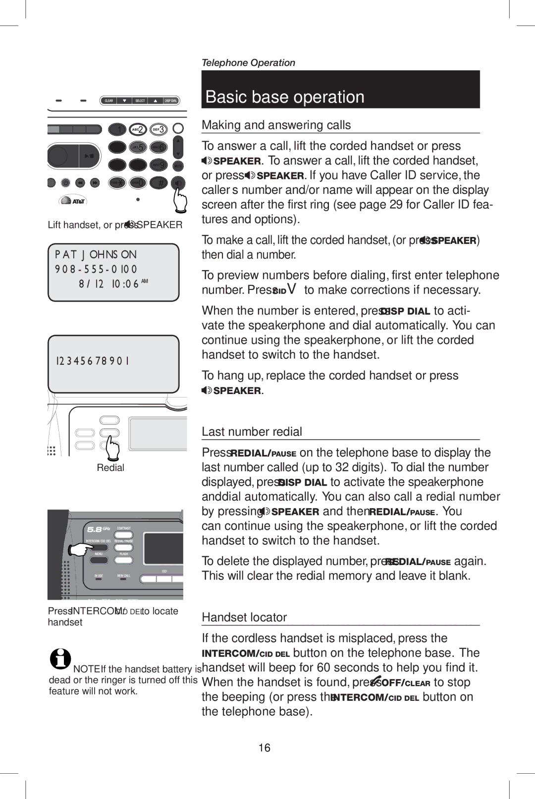 AT&T E5908 user manual Basic base operation, Handset locator, Redial Press INTERCOM/CID DEL to locate handset 