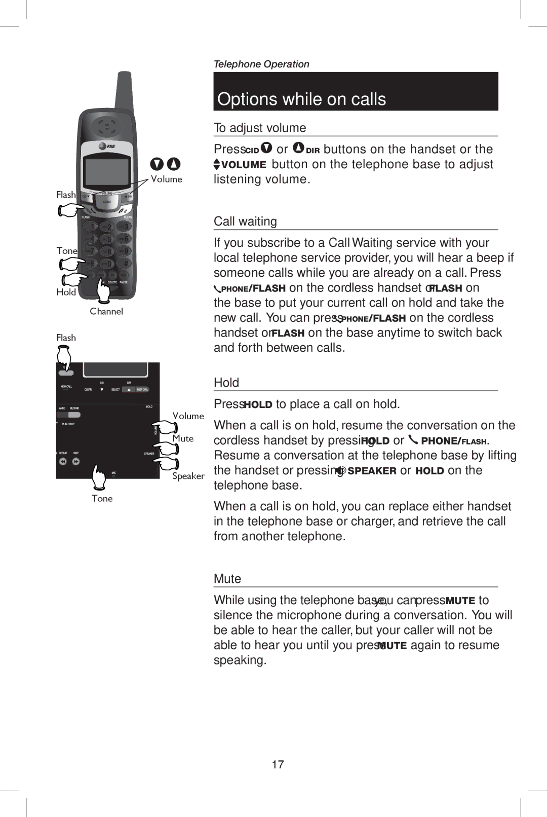 AT&T E5908 user manual Options while on calls, To adjust volume, Call waiting, Hold, Mute 