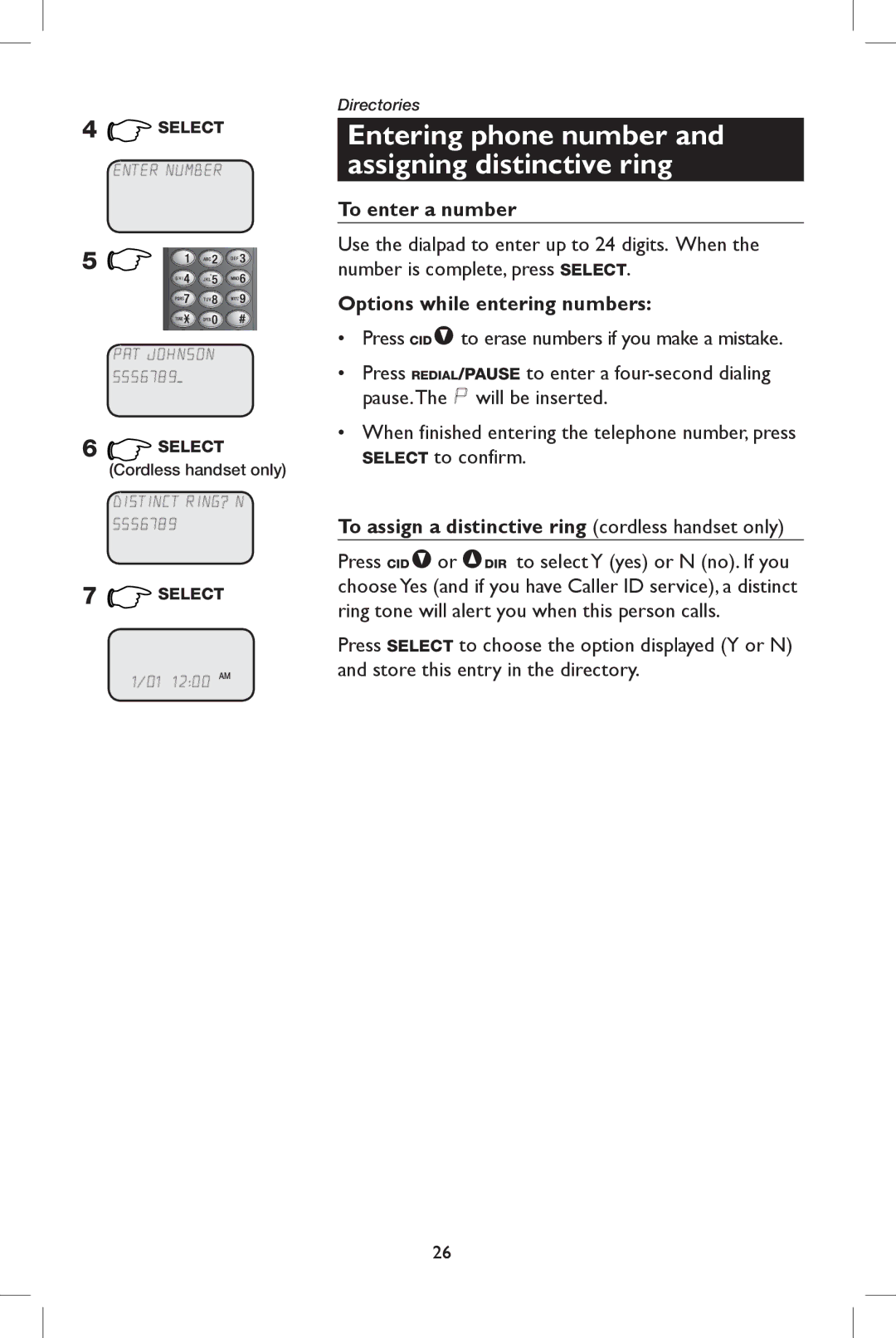 AT&T E5908 Entering phone number and assigning distinctive ring, To enter a number, Options while entering numbers 