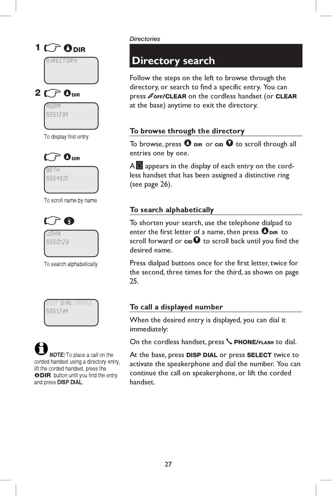 AT&T E5908 Directory search, To browse through the directory, To search alphabetically, To call a displayed number 