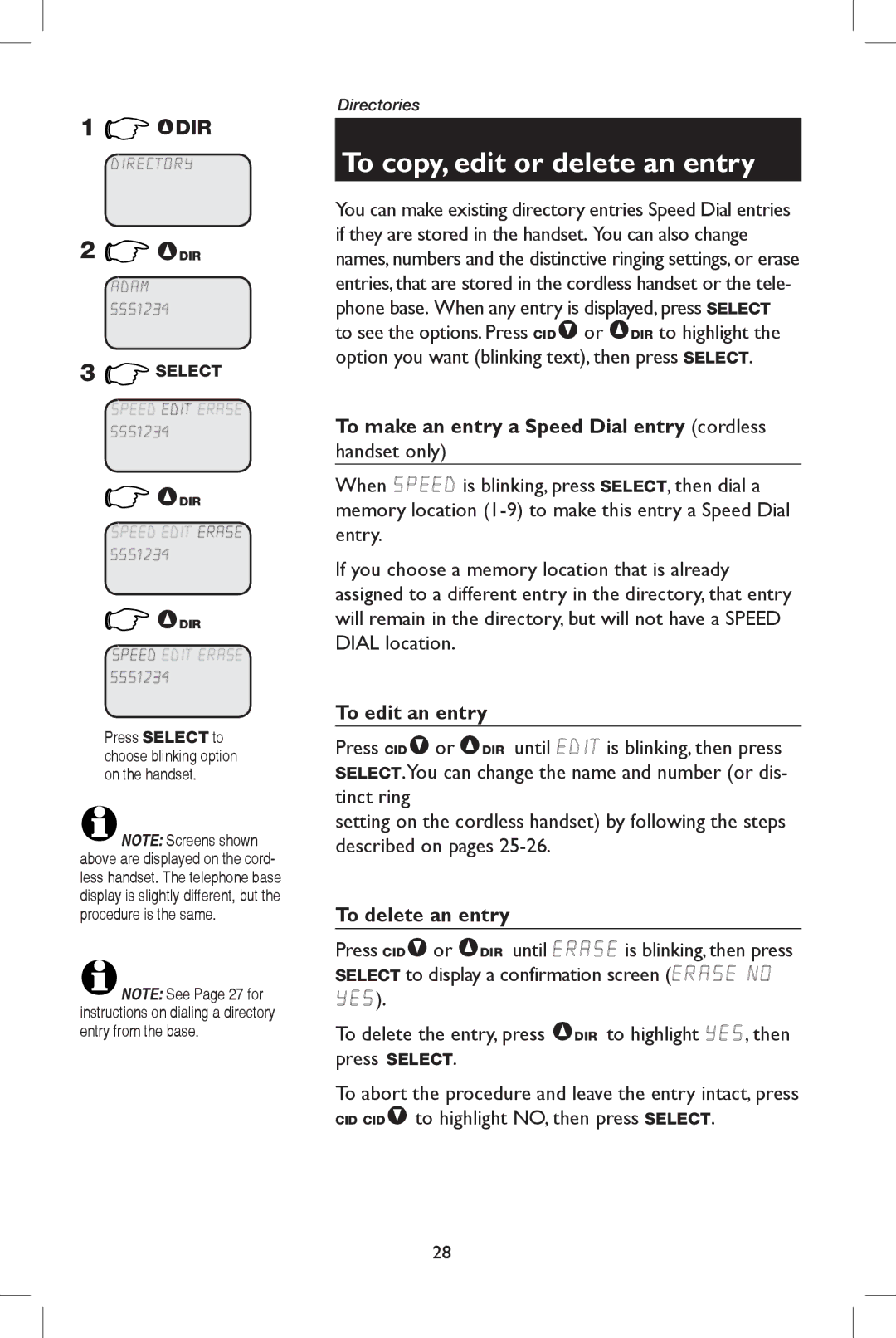 AT&T E5908 user manual To copy, edit or delete an entry, To make an entry a Speed Dial entry cordless, To edit an entry 