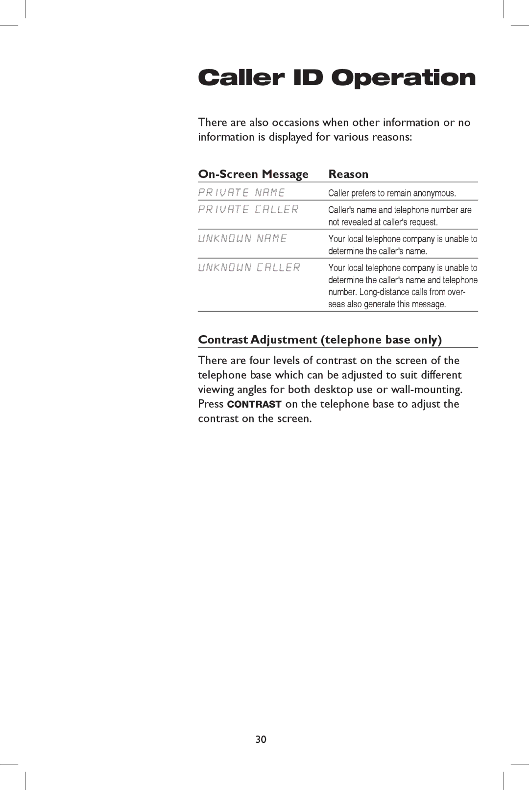 AT&T E5908 user manual On-Screen Message Reason, Contrast Adjustment telephone base only, Not revealed at callers request 