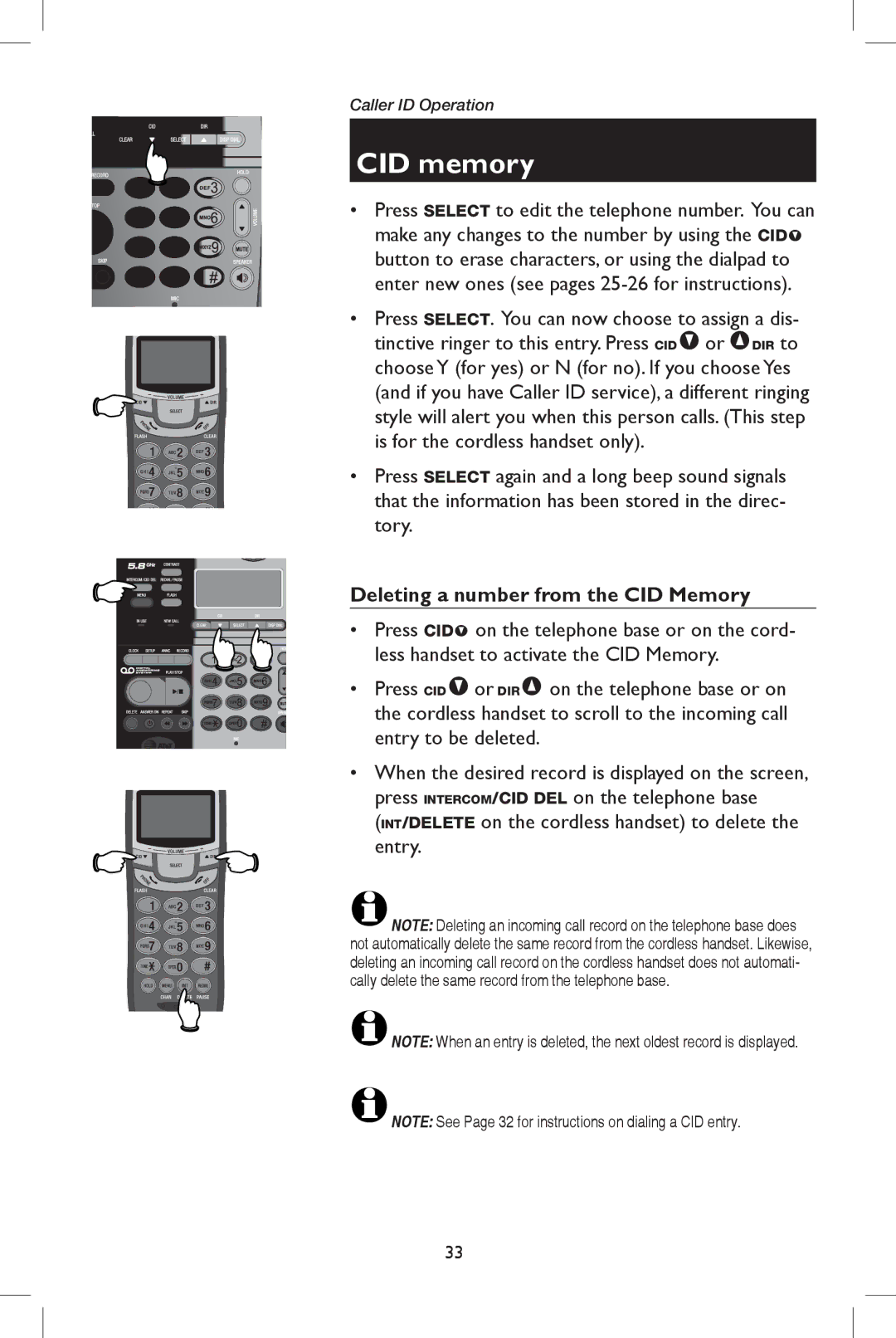 AT&T E5908 user manual Deleting a number from the CID Memory 