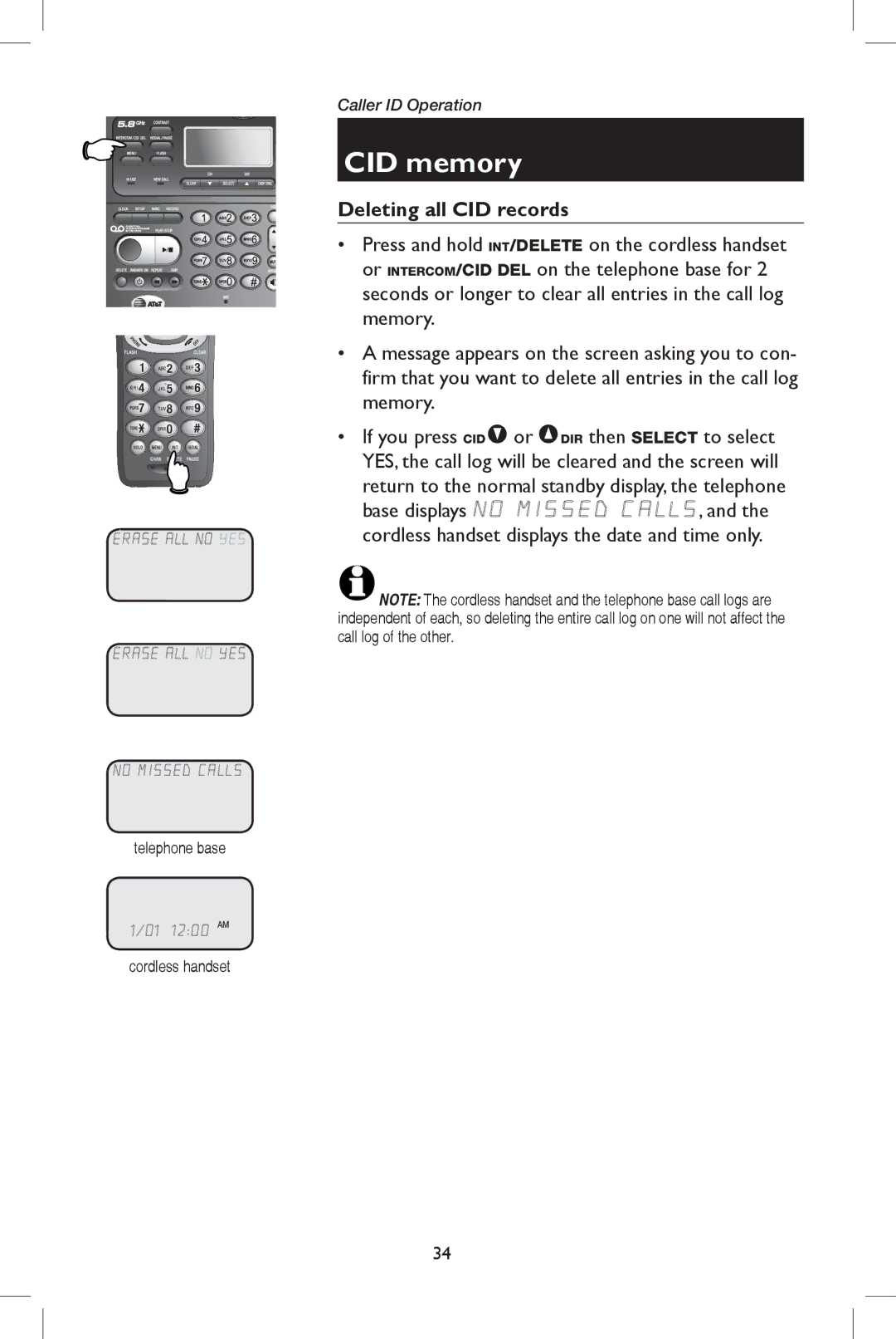 AT&T E5908 user manual Deleting all CID records, Cordless handset 