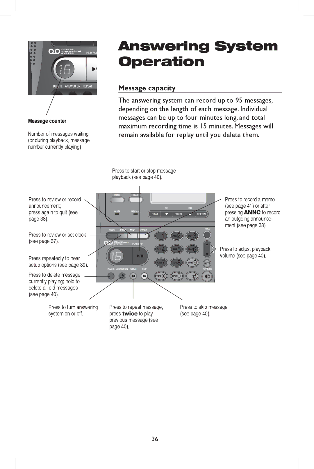 AT&T E5908 user manual Message capacity, Press again to quit see Press to review or set clock see 