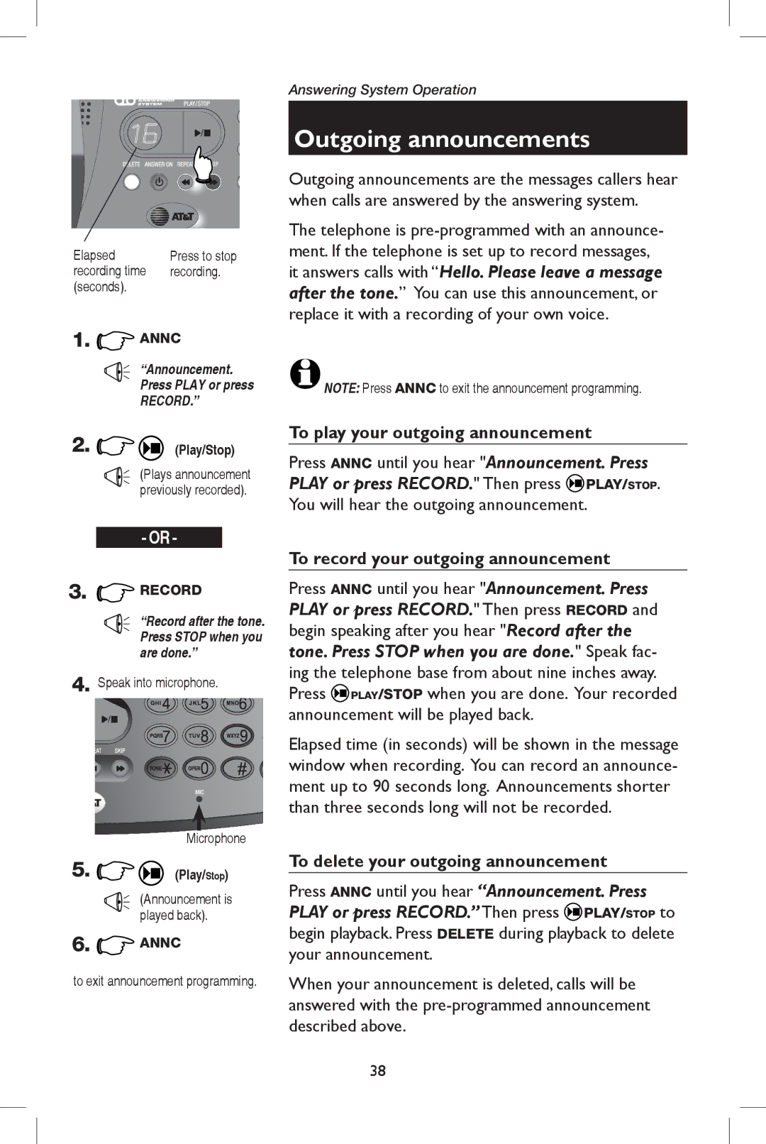 AT&T E5908 user manual Outgoing announcements, To play your outgoing announcement, To record your outgoing announcement 