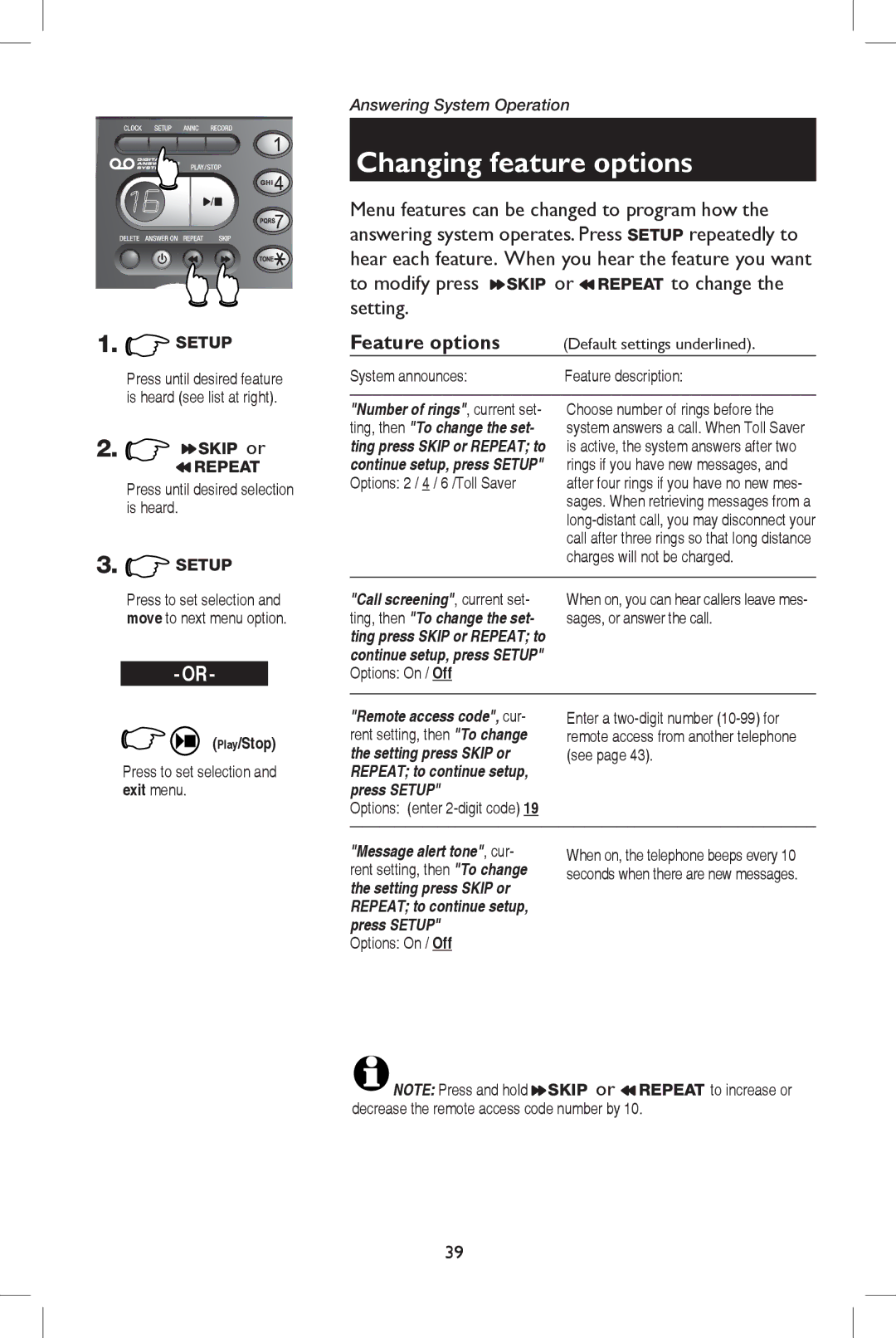 AT&T E5908 user manual Changing feature options, Feature options 