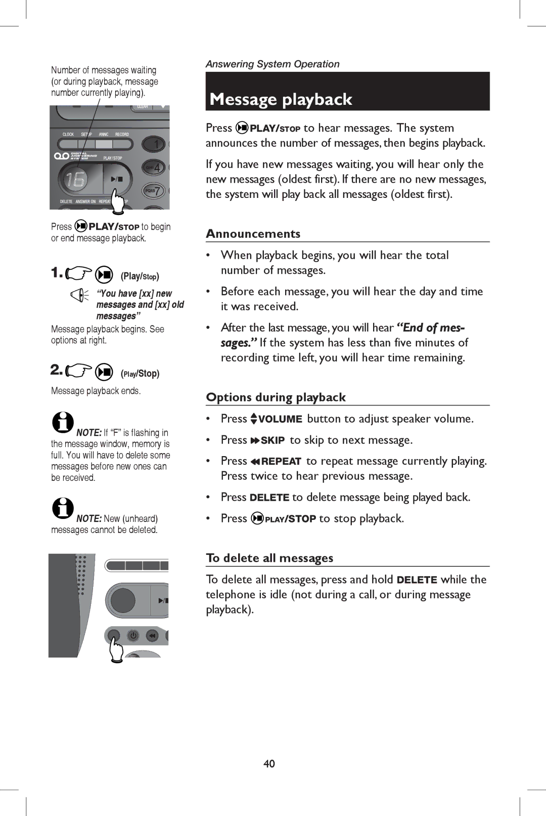 AT&T E5908 user manual Announcements, Options during playback, To delete all messages, Message playback ends 