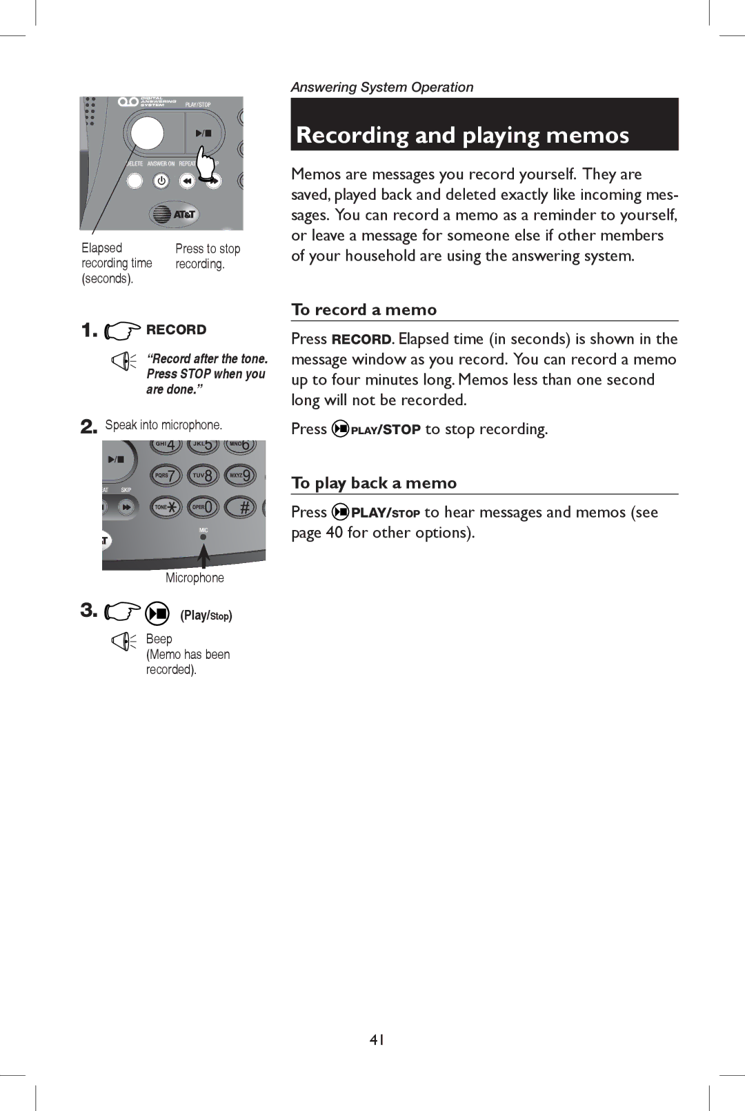 AT&T E5908 user manual Recording and playing memos, To record a memo, To play back a memo, Beep 